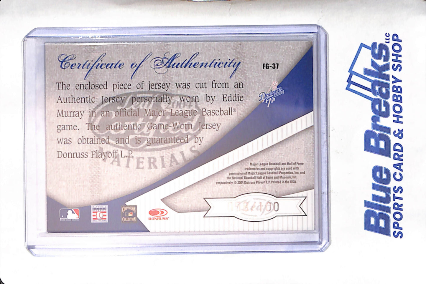 2004 Donruss - Leaf Certified Materials - Fabric of the Game - Eddie Murray - 058/100 - #FG-37 - baseball - Dodgers