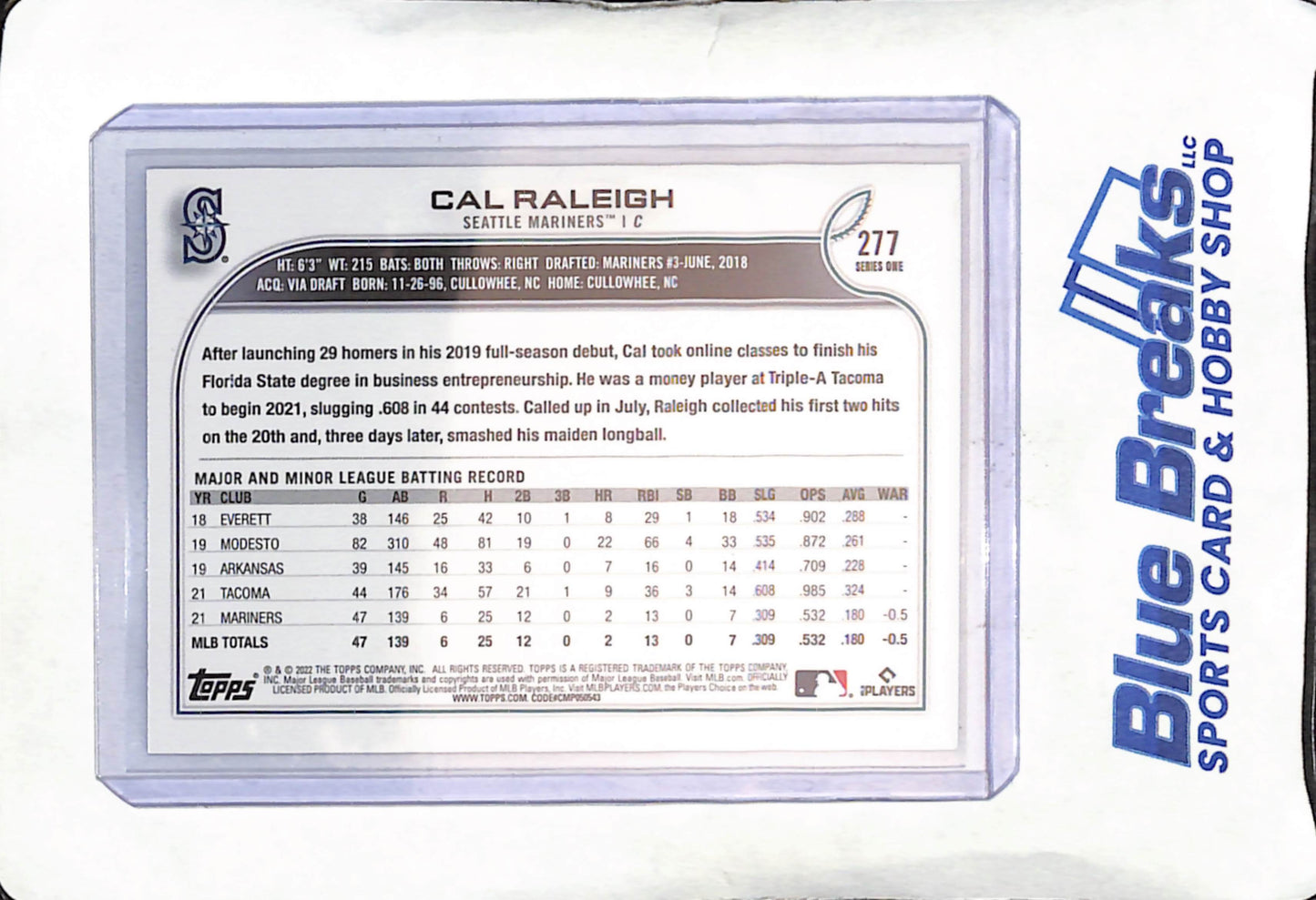 2022 Topps - Series One - Royal Blue - Cal Raleigh - RC - #277 - baseball - Mariners
