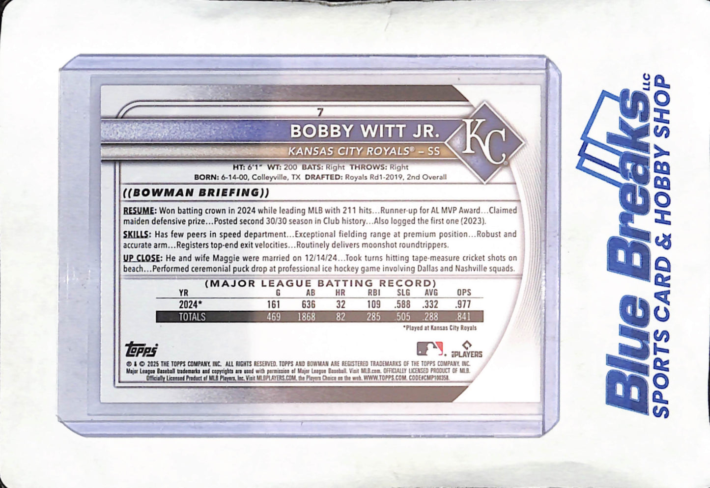 2025 Bowman - pink border - Bobby Witt Jr - 121/175 - #7 - baseball - Royals
