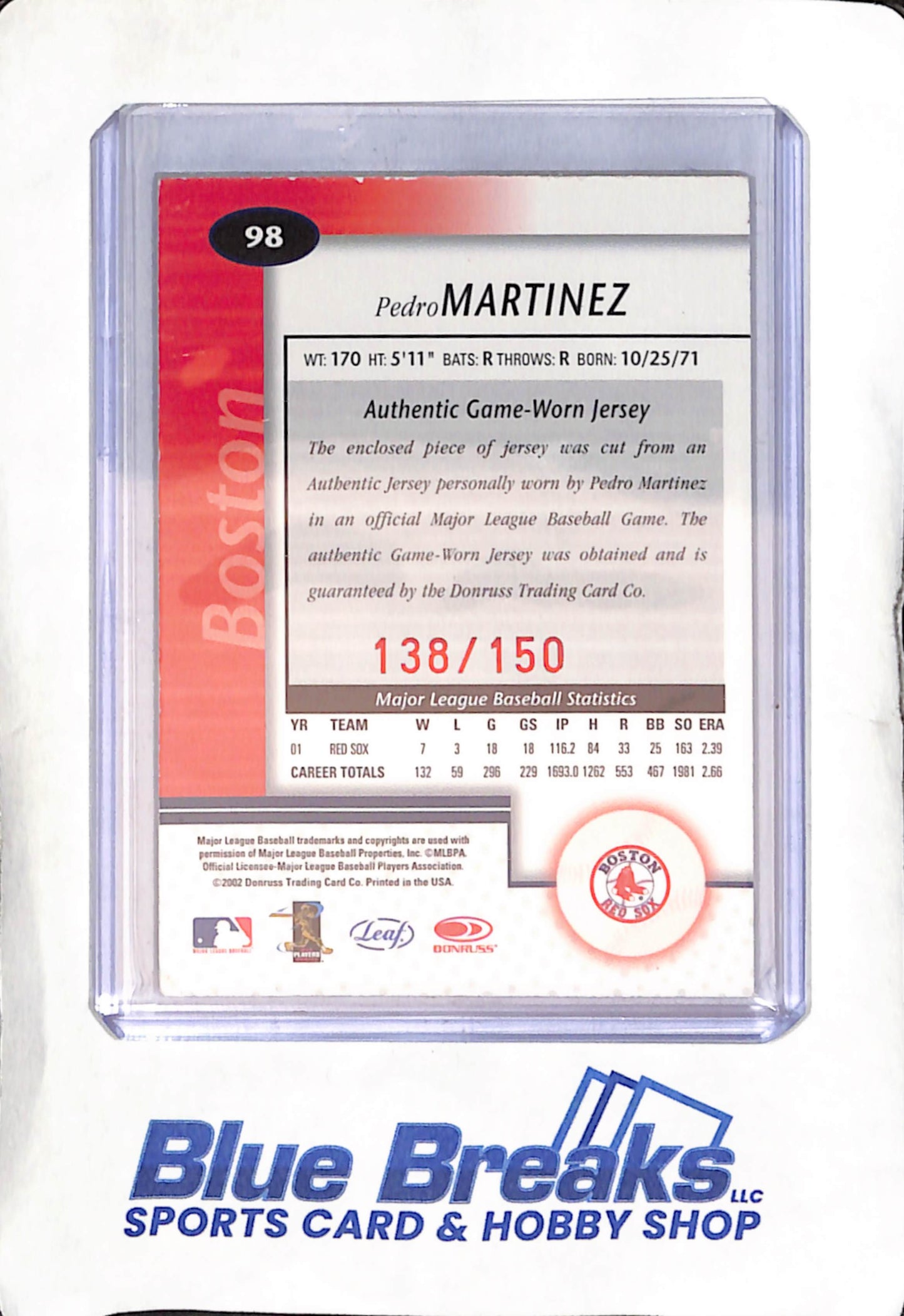 2002 Donruss - Leaf Certified - Mirror Red - Pedro Martinez - relic - 138/150 #98 - baseball - Red Sox