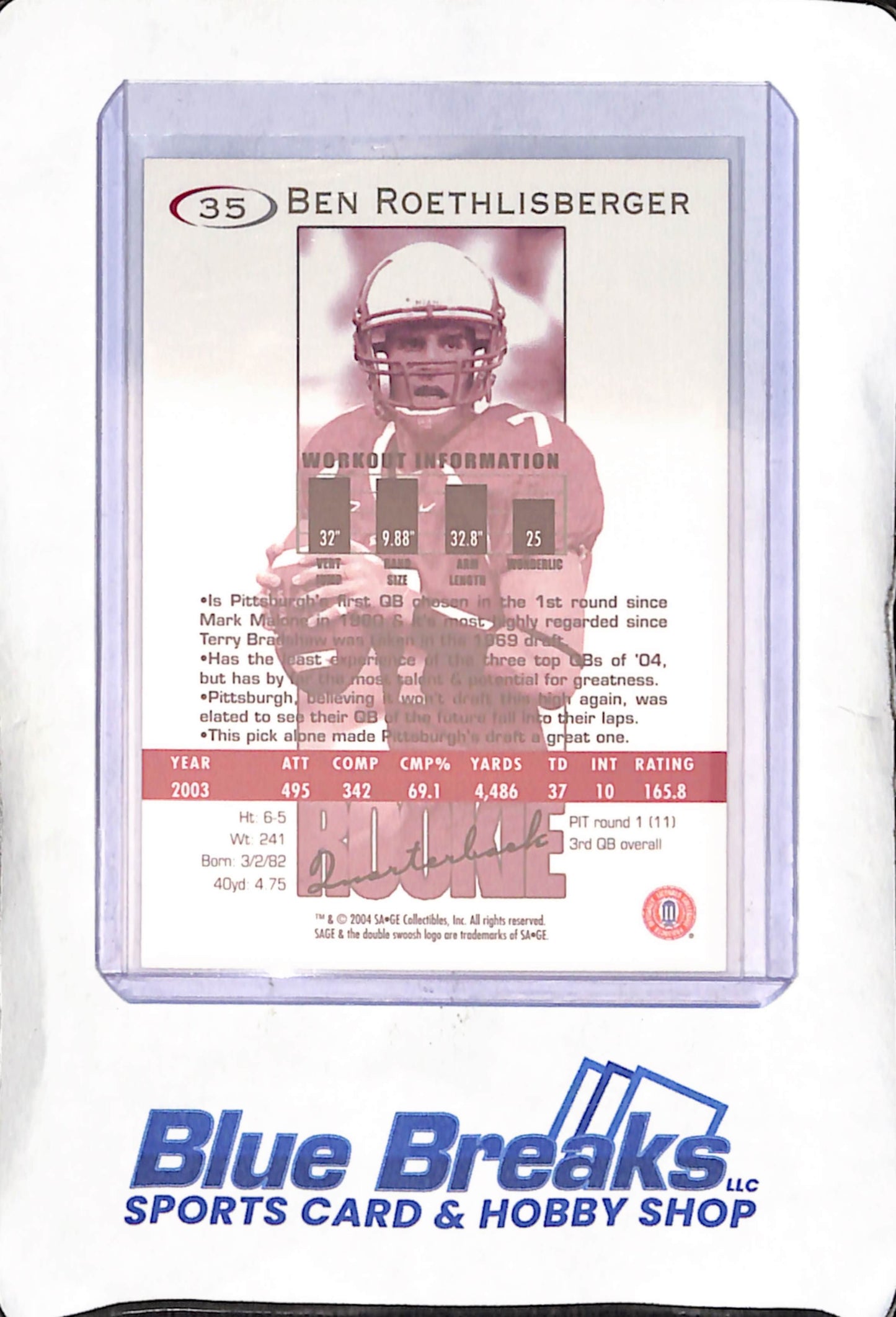 2004 Sage - Rookie Quarterback - Ben Roethlisberger - 1 of 3200 - #35 - football - Steelers