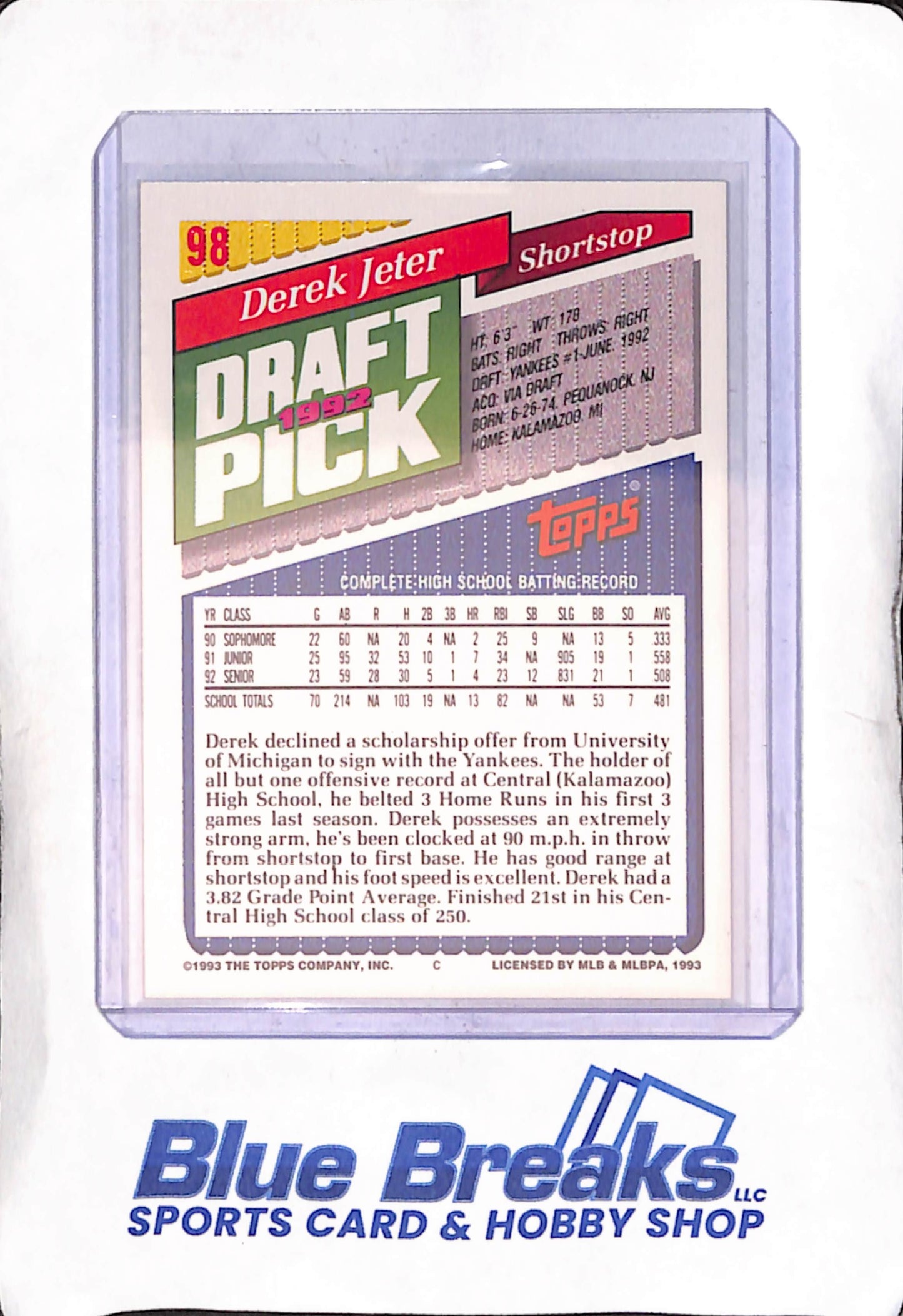 1993 Topps - 1992 Draft Picks - Derek Jeter - #98 - baseball - Yankees