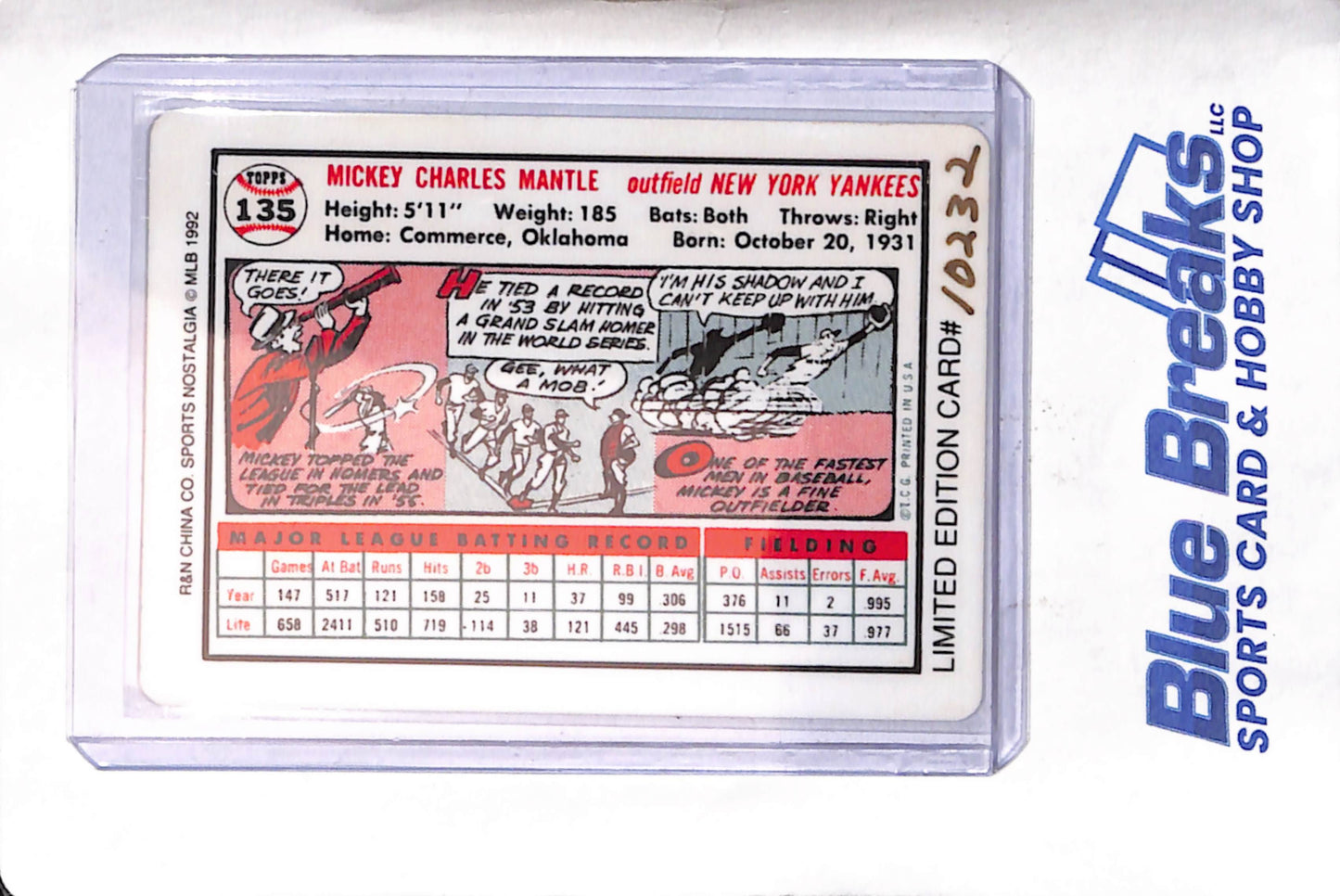 1992 R & N Sports Nostalgia - Topps - Mickey Mantle - ceramic - limited /10232 - #159 - baseball - Yankees
