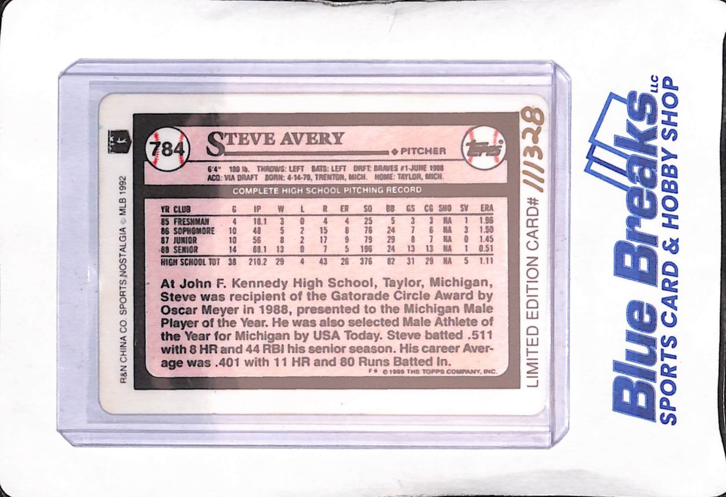 1992 R & N Sports Nostalgia - Topps - Steve Avery - ceramic - limited /111328 - #784 - baseball - Braves