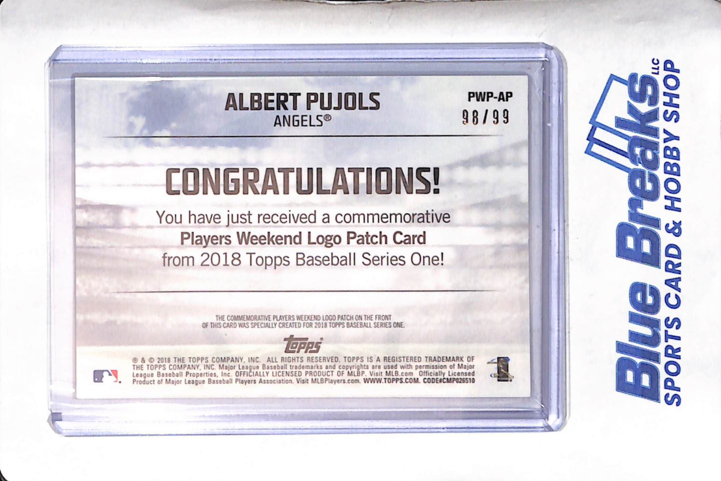 2018 Topps - Series One - Players Weekend Logo Patch - Albert Pujols - 98/99 - #PWP-AP - baseball - Angels