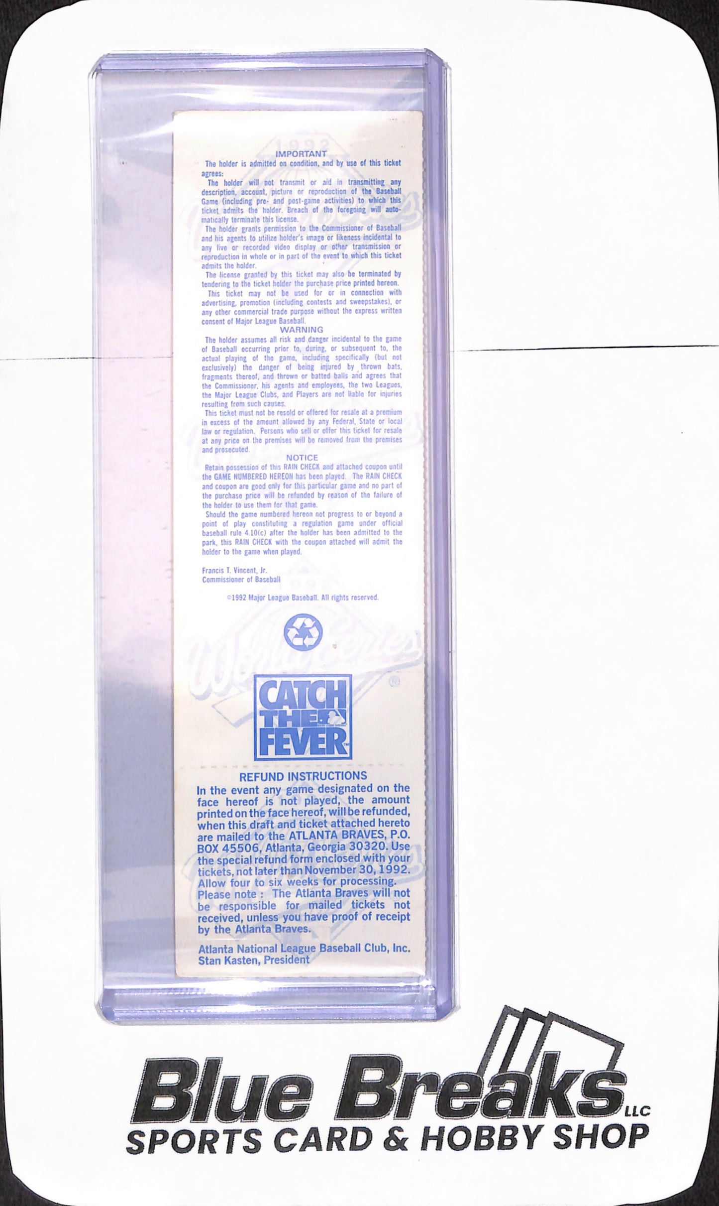 1992 World Series Game 7 Ticket - Atlanta Braves vs ALC Champions