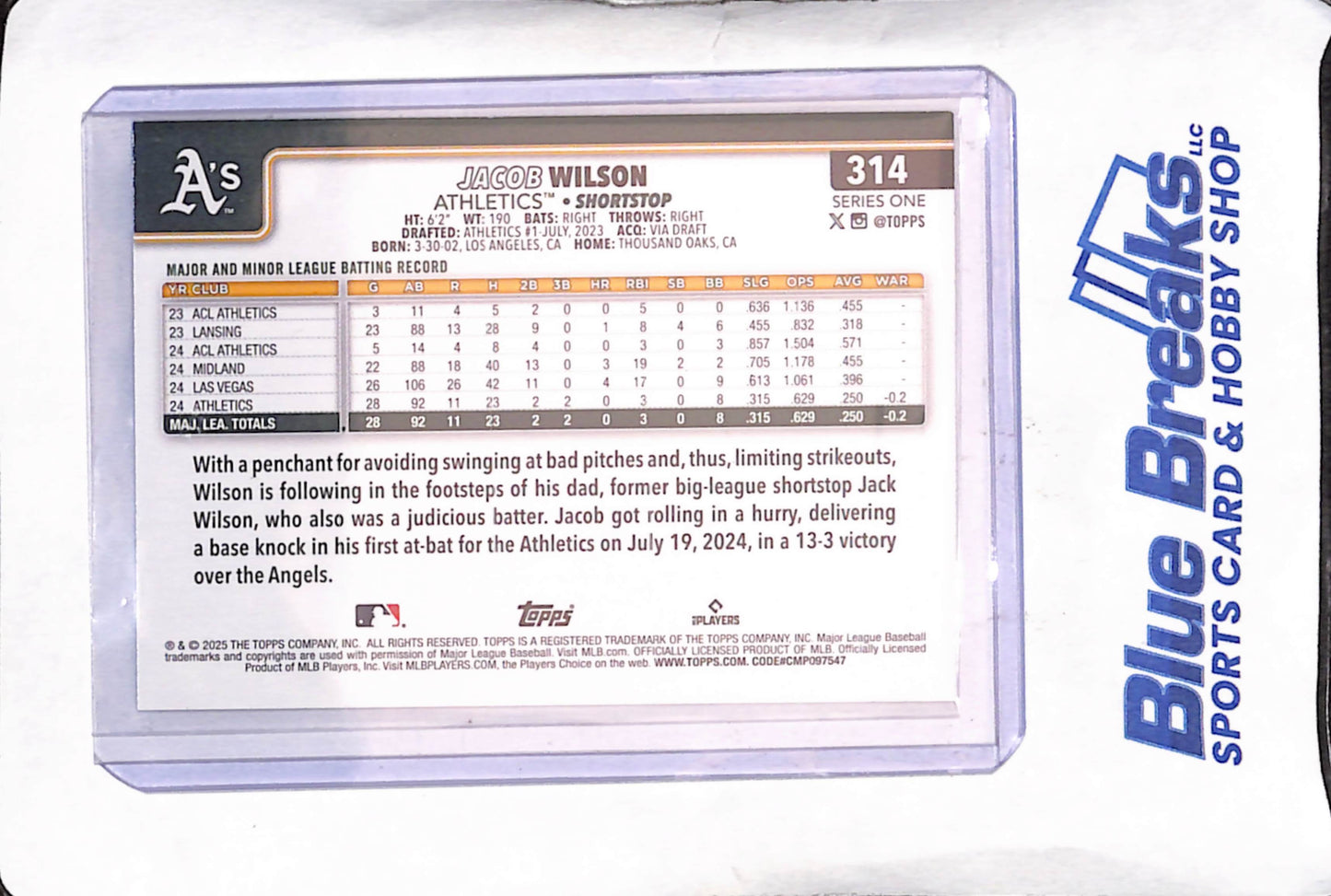 2025 Topps Series One - Jacob Wilson - Foil RC - Oakland Athletics - Baseball - #314
