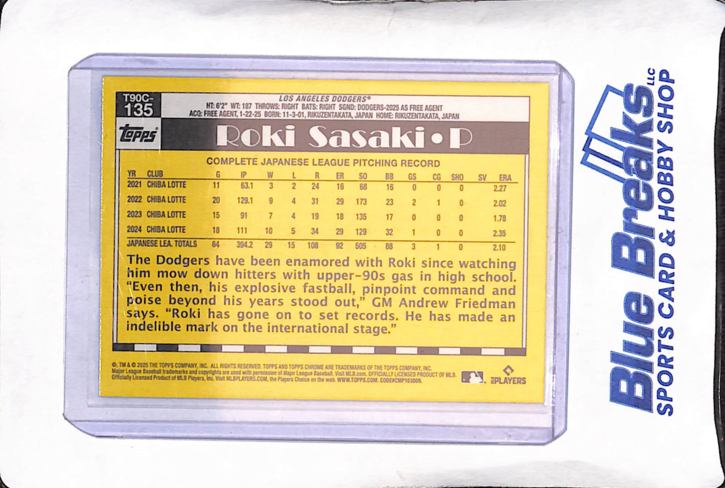 2025 Topps Chrome - Roki Sasaki - 35th Anniversary RC Blue Mojo - Los Angeles Dodgers - Baseball - #135