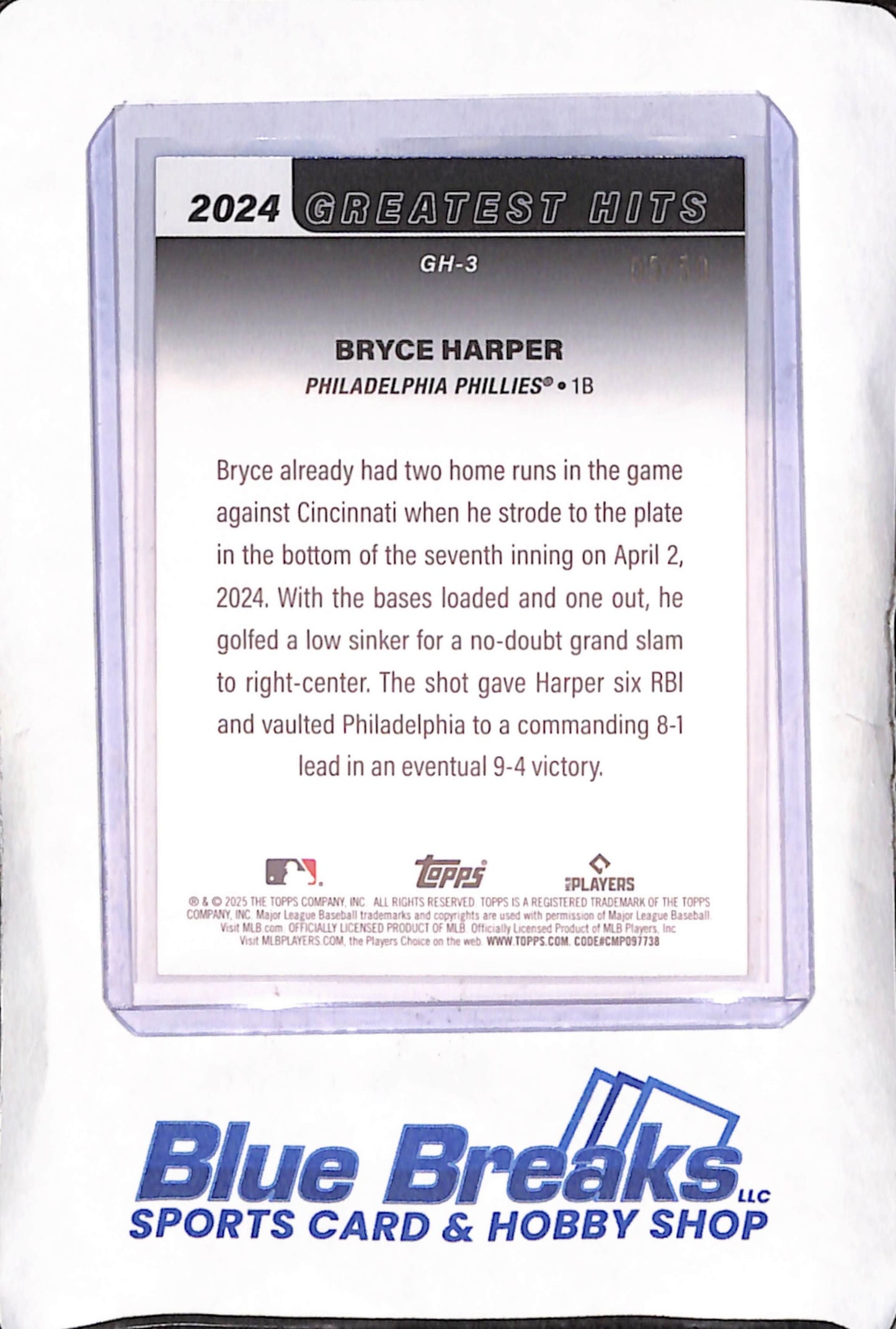 2025 Topps Series One - Bryce Harper - 2024 Greatest Hits 4/2/24 Gold - Grand Slam for 3rd HR of the Game - 5/50 - Philadelphia Phillies - Baseball - #GH-3