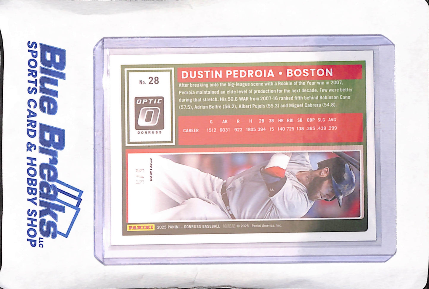 2025 Panini Donruss Optic - Dustin Pedroia - Green Prizm - 5/5 - Boston Red Sox - Baseball - #28