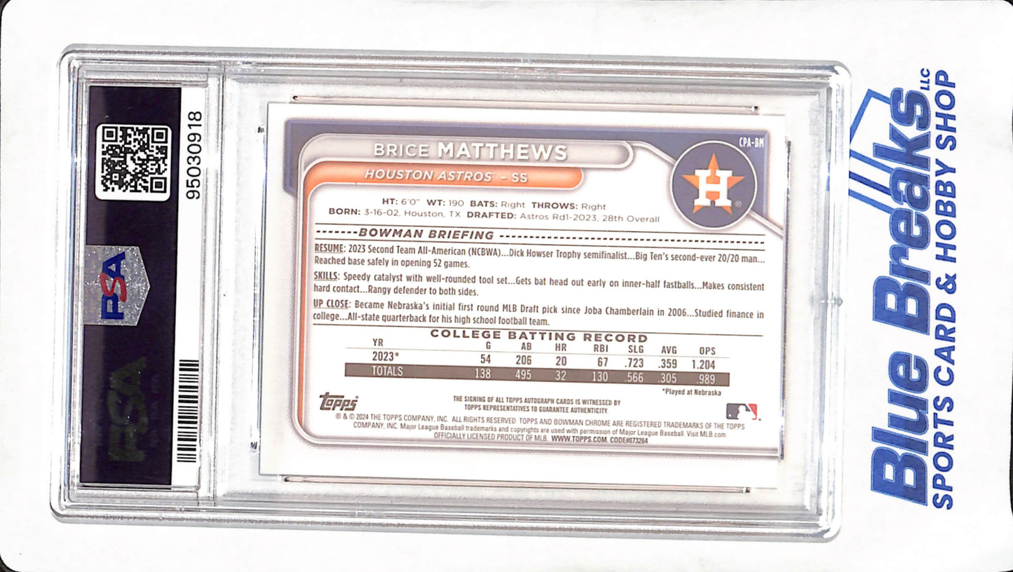 2024 Bowman Chrome - Brice Matthew - 1st Bowman Prospect Autograph - PSA 10 - Houston Astros - Baseball - #CPABM