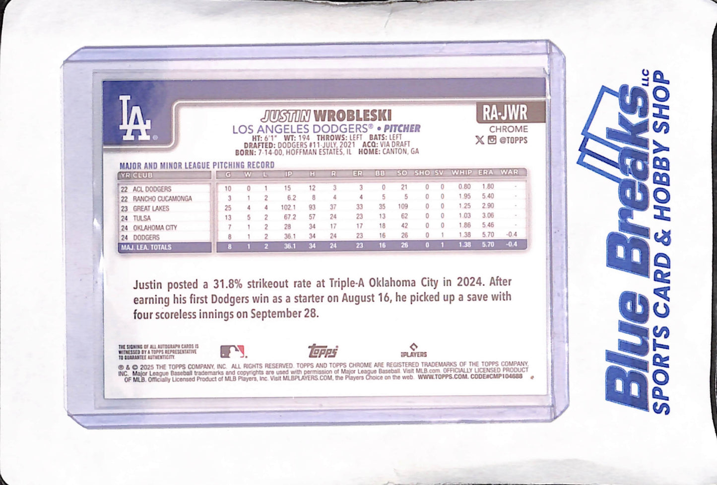 2025 Topps Chrome - Justin Wrobleski - Green Autograph RC- 97/99 - Los Angeles Dodgers - Baseball - #RA-JWR