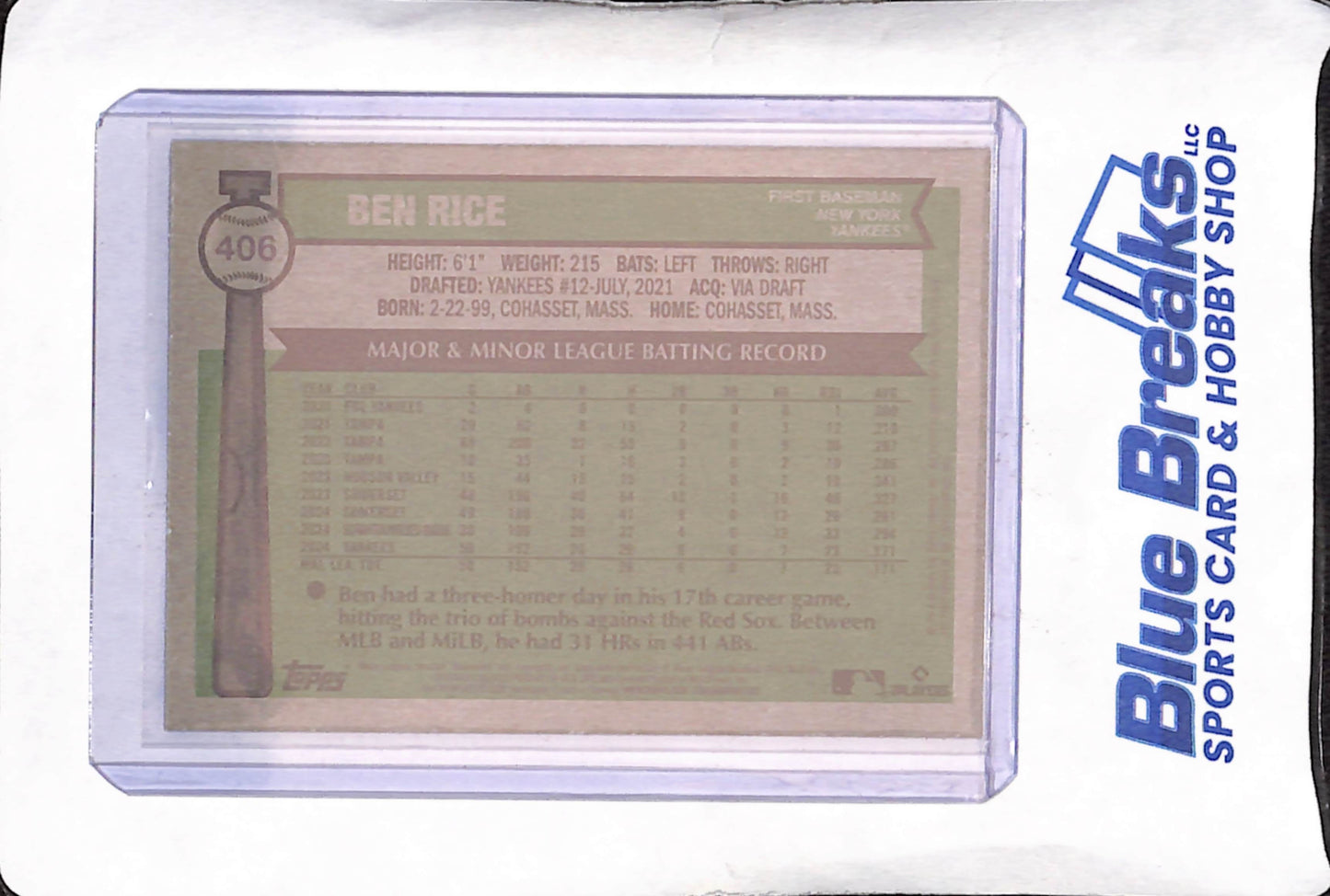 2025 Topps Heritage - Ben Rice - Blue Border - RC - New York Yankees - Baseball - #406