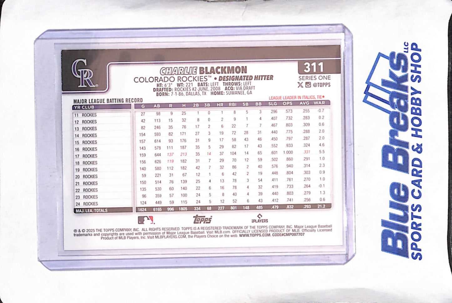 2025 Topps Series One - Charlie Blackmon - Team Logo - Colorado Rockies - Baseball - #311
