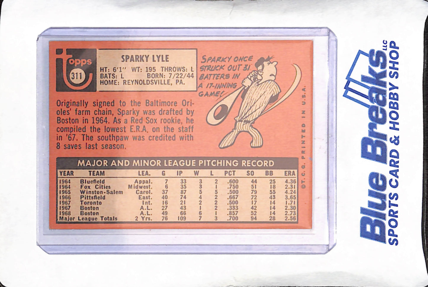 1969 Topps - Sparky Lyle - Boston Red Sox - Baseball - #311