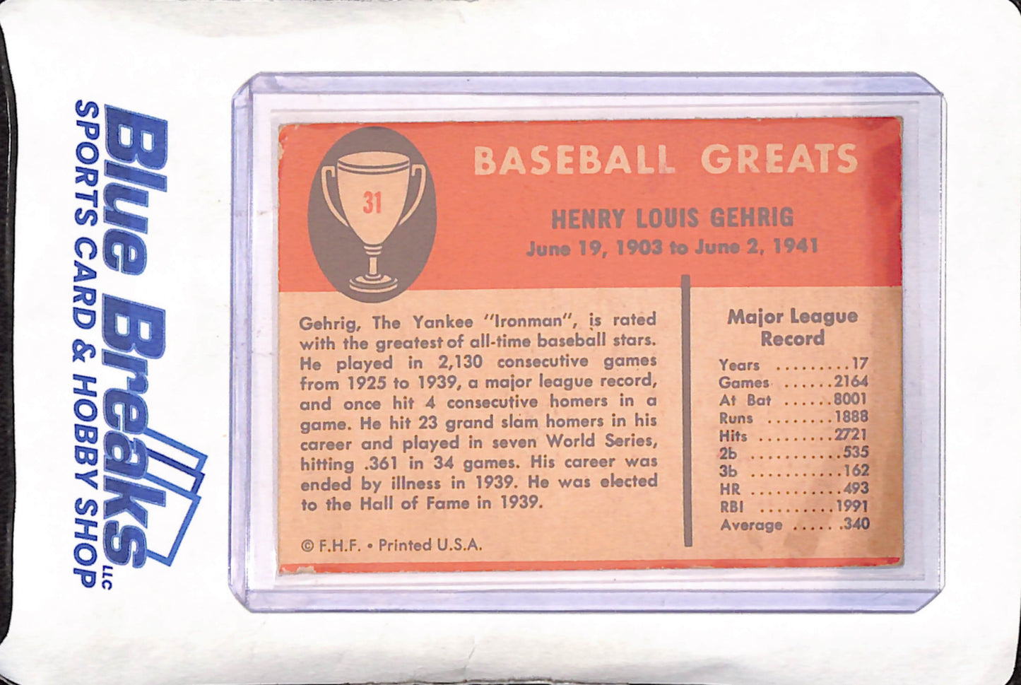 1961 Fleer - Lou Gehrig - Baseball Greats - New York Yankees - Baseball - #31