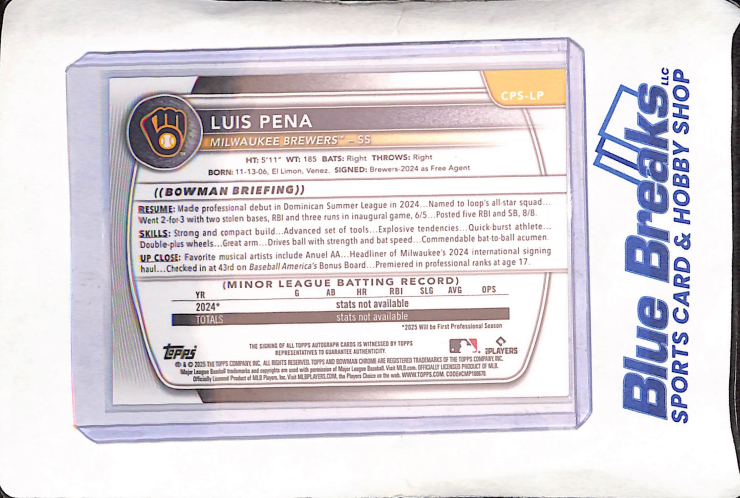 2025 Bowman Chrome Sapphire - Luis Pena - !st Bowman Autograph - 190/199 - Milwaukee Brewers - Baseball - #CPS-LP