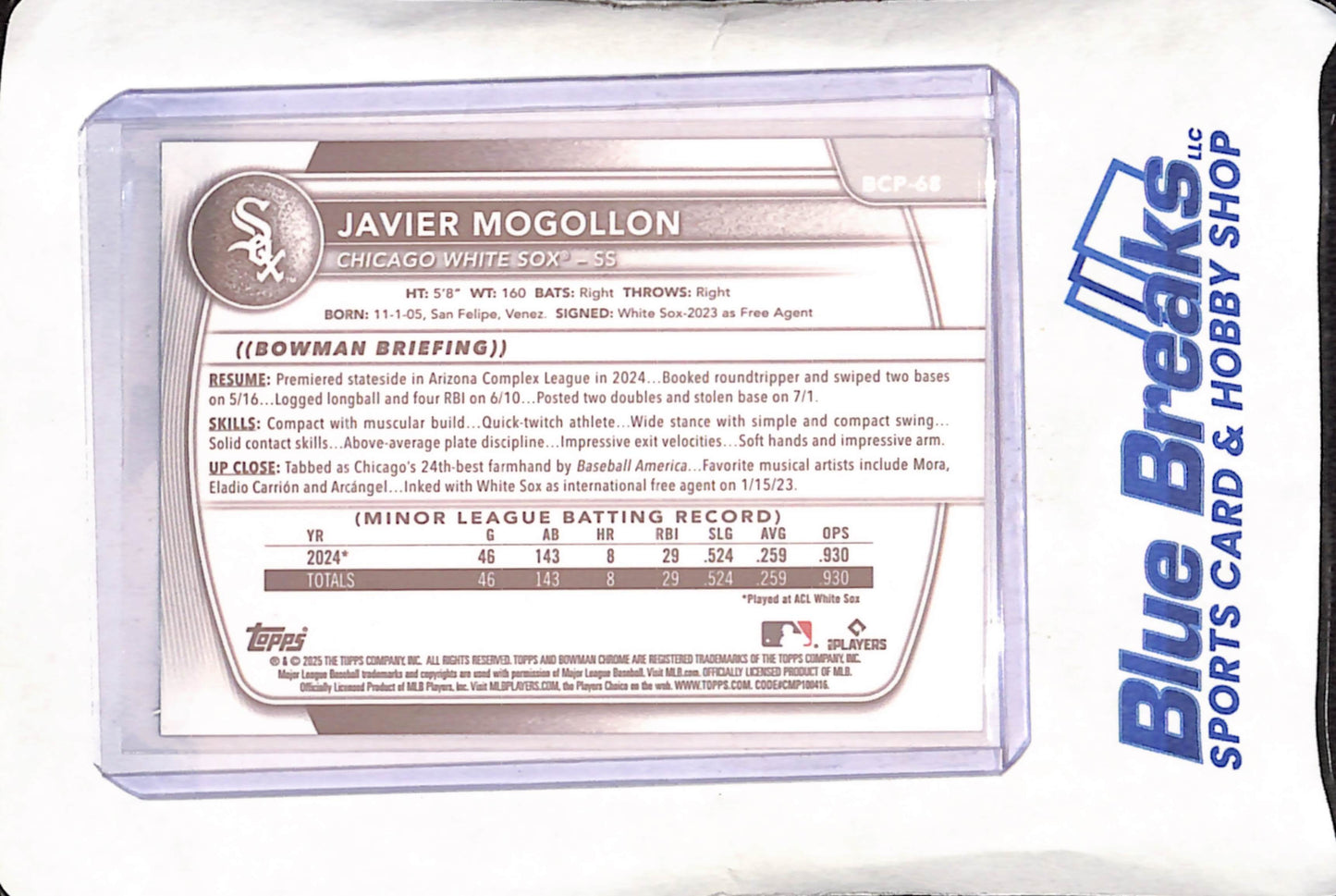 2025 Bowman Chrome - Javier Mogollon - 9/10 - Xfractor - 1st Bowman - Chicago White Sox - Baseball - #BCP-68