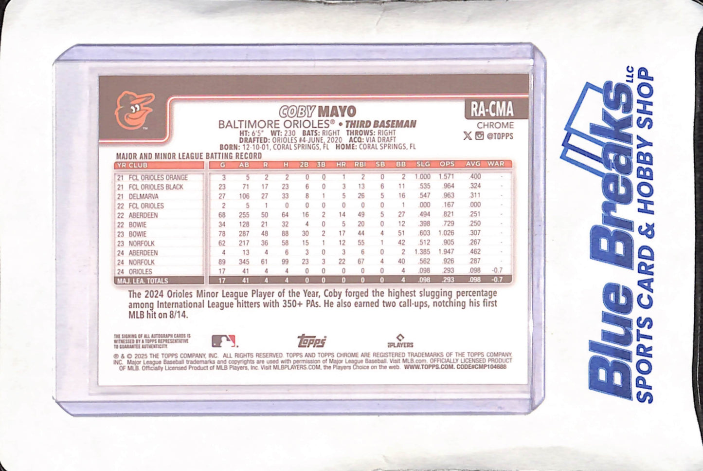 2025 Topps Chrome - Coby Mayo - Autograph - RC - Baltimore Orioles - Baseball - #RA-CMA