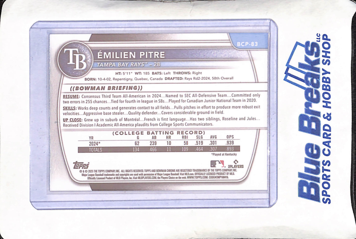 2025 Bowman Chrome - Emilien Pitre - Blue Reptilian - Bowman 1st - 62/150 - Tampa Bay Rays - Baseball - #BCP-83