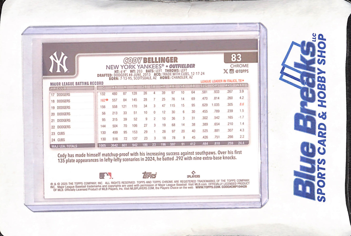 2025 Topps Chrome - Cody Bellinger - Orange MLB Logo Refractor - 21/25 - New York Yankees - Baseball - #83
