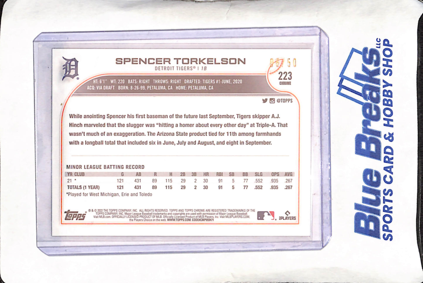 2022 Topps Chrome - Spencer Torkelson - Gold Wave - RC - 6/50 - Detroit Tigers - Baseball - #223