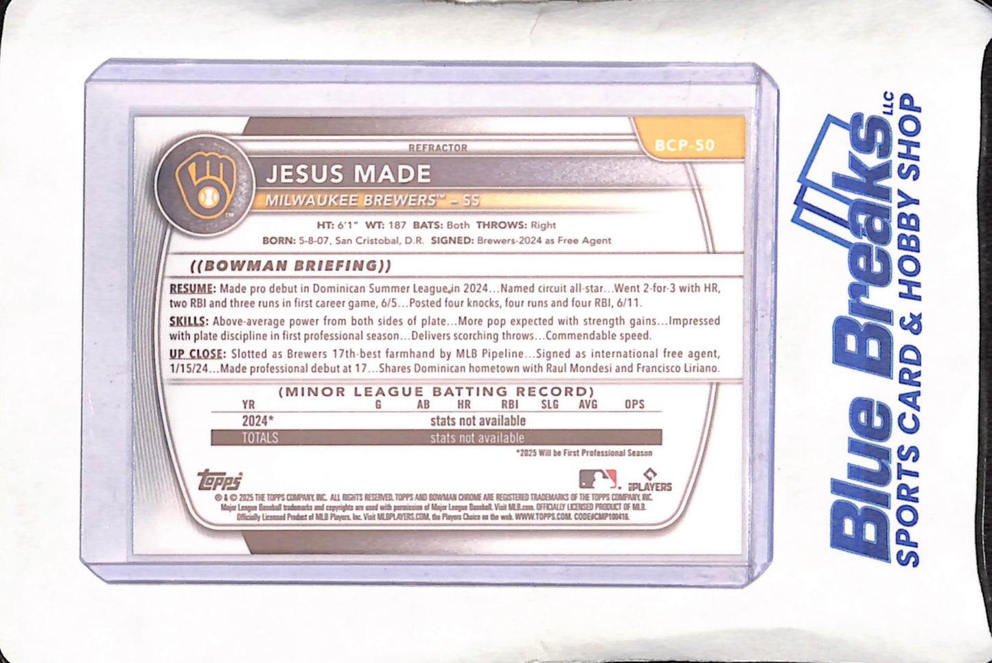 2025 Bowman Chrome - Jesus Made - 1st Bowman Refractor - 110/499 - Milwaukee Brewers - Baseball - #BCP-50
