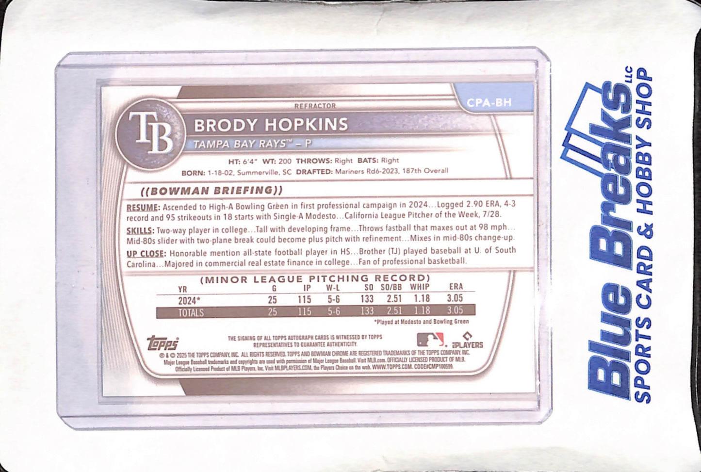 2025 Bowman Chrome - Brody Hopkins - Autograph - 1st Bowman - 249/499 - Tampa Bay Rays - Baseball - #CPA-BH
