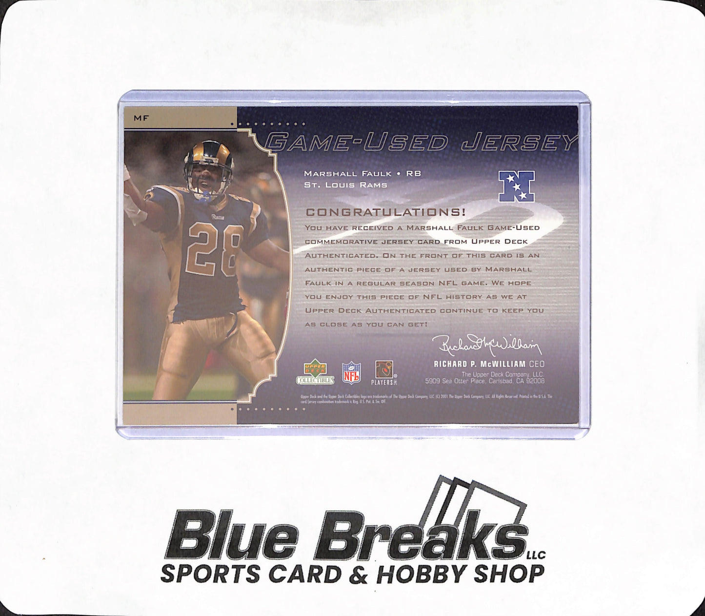 2001 Upper Deck - Marshall Faulk - Oversized Game-used Jersey Card - St Louis Rams - Football - #MF