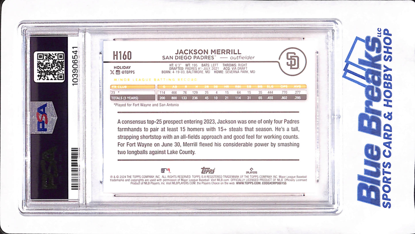 2024 Topps Holiday - Jackson Merrill - Variation - RC - PSA Mint 9 - San Diego Padres - Baseball - #H160