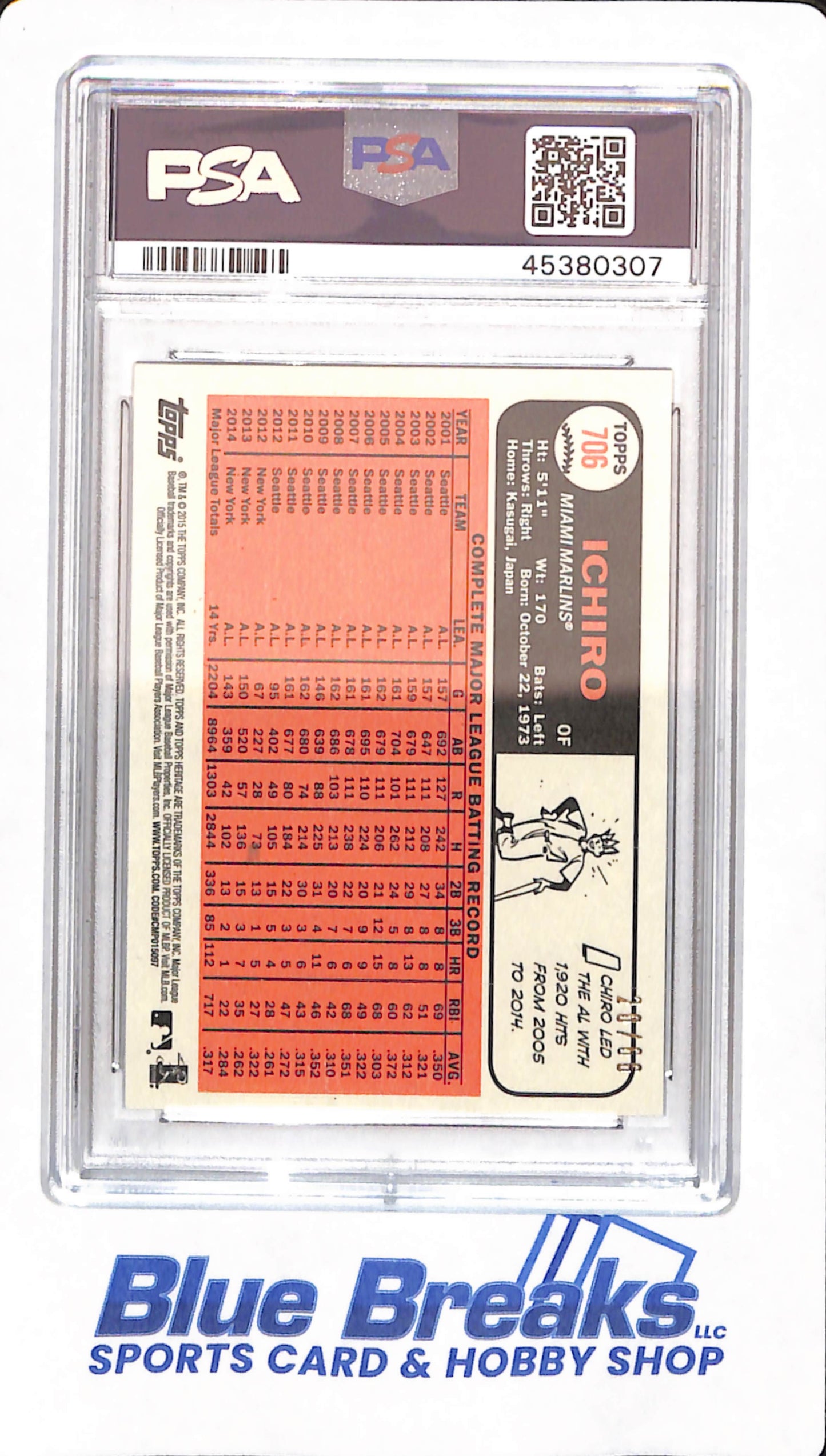 2015 Topps Heritage - Ichiro - # 706 - Miami Marlins - Baseball - Portrait Chrome Black Refractor - 20/66 - PSA 10