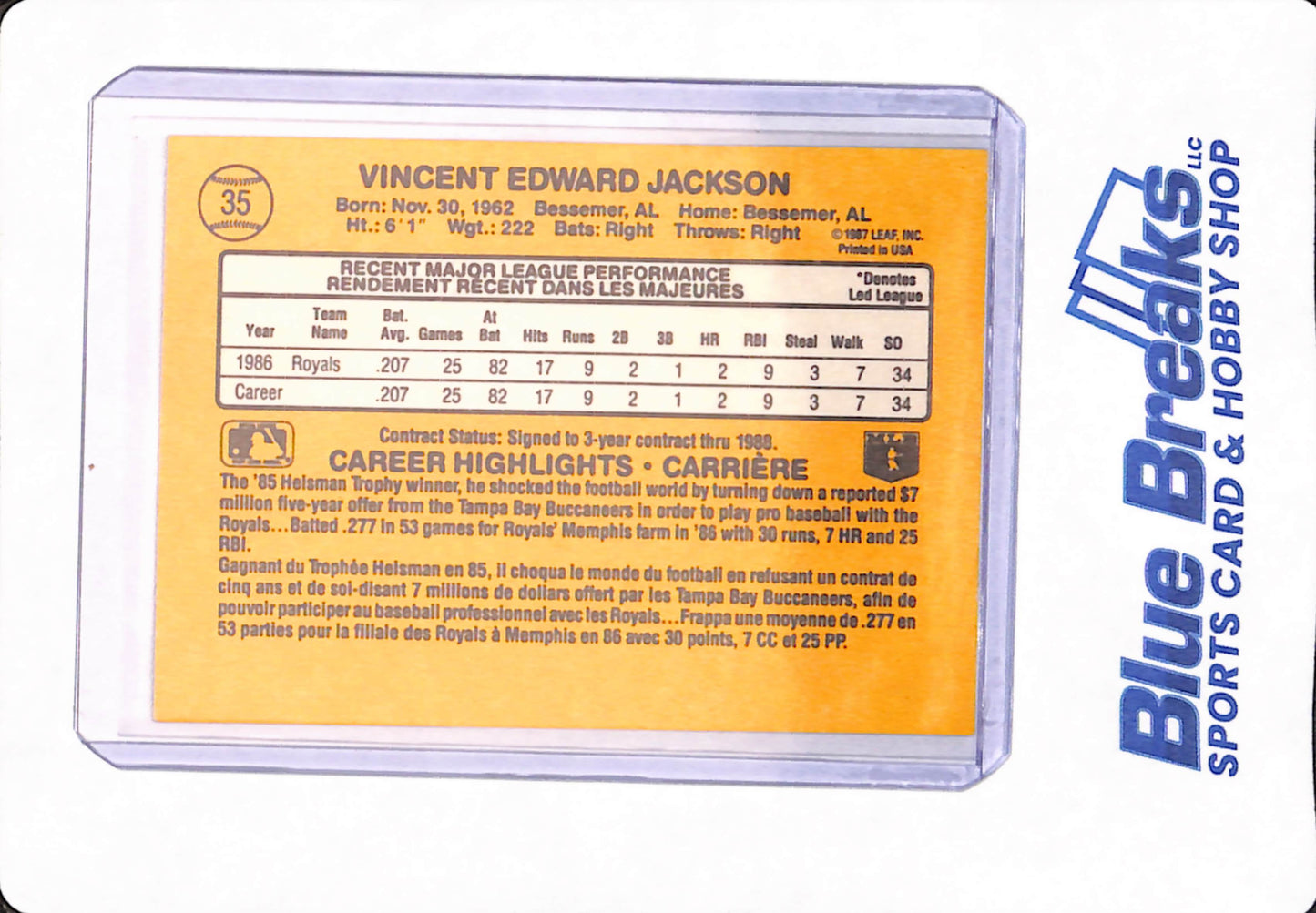 1987 Leaf - Baseball - Rated Rookie #35 Bo Jackson - Kansas City Royals