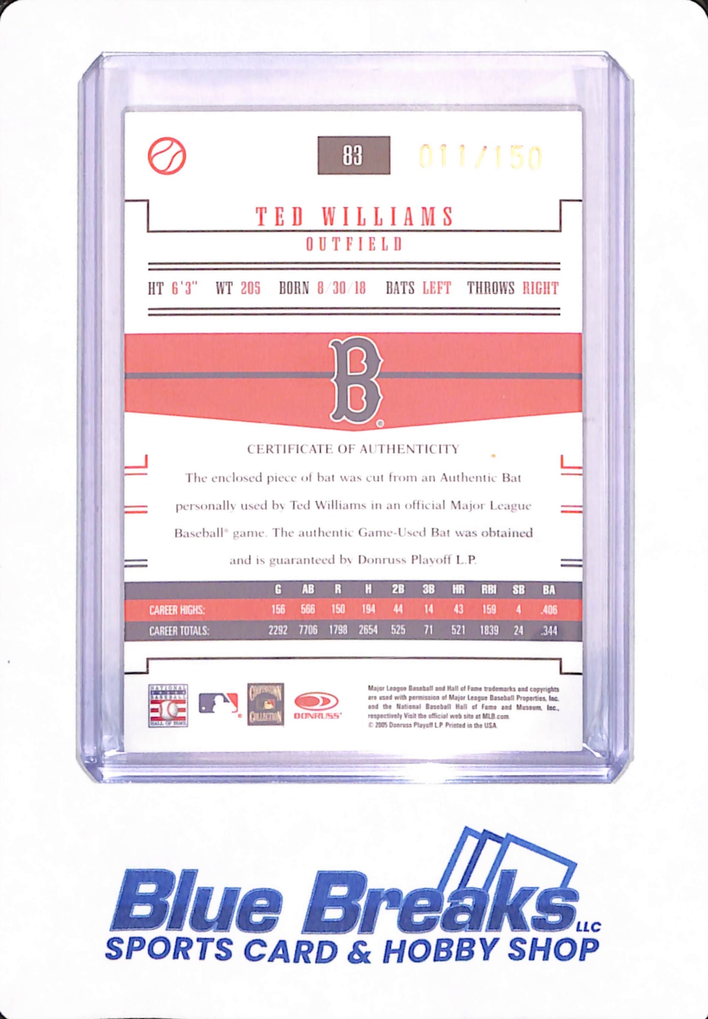 2005 Donruss Prime Patches - Bat #83 Ted Williams 011/150 - Boston Red Sox - Baseball