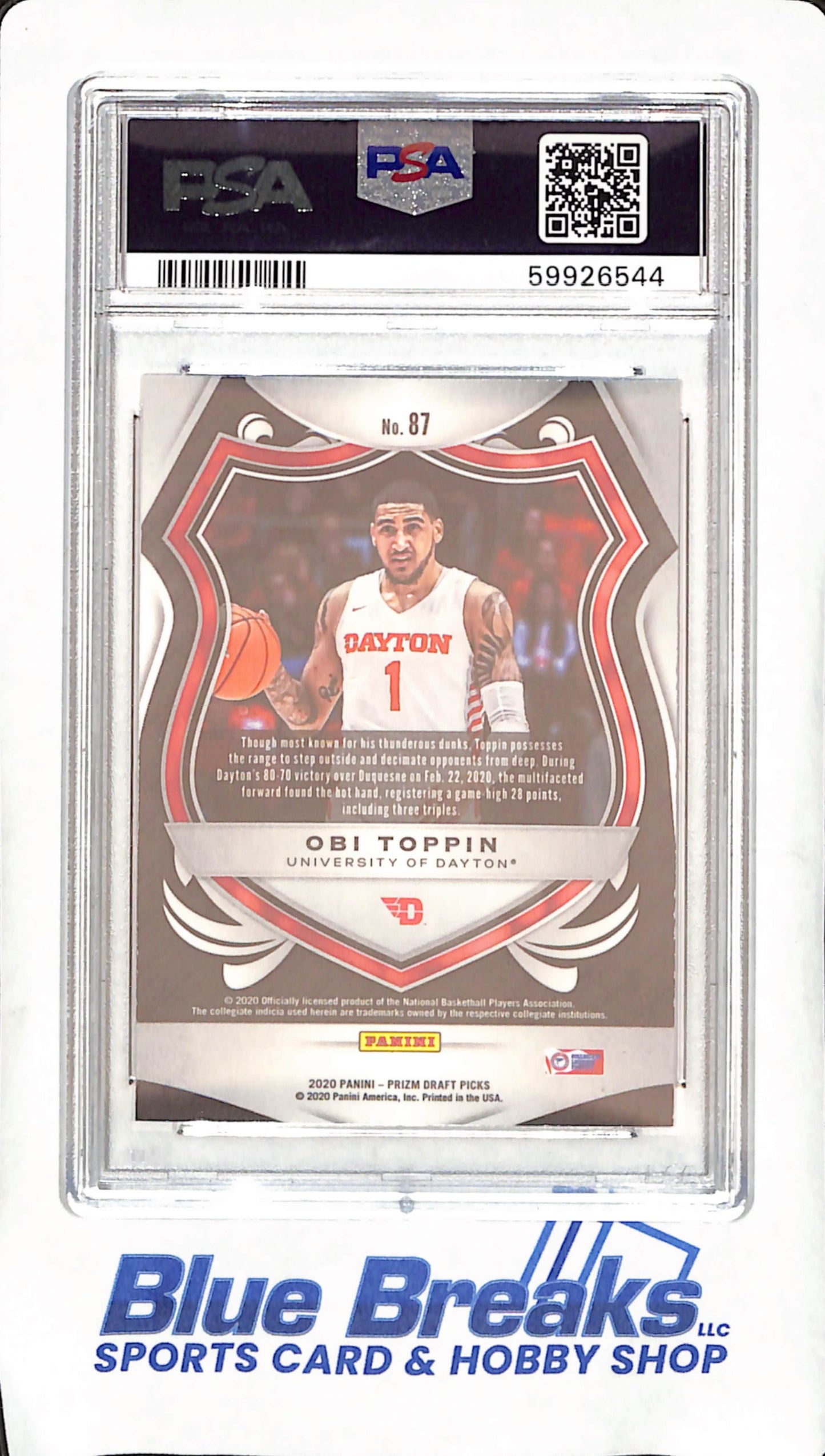 2020 Panini Prim Draft Picks - Obi Toppin - RC - PSA Gem Mint 10 = University of Dayton - Basketball - #87