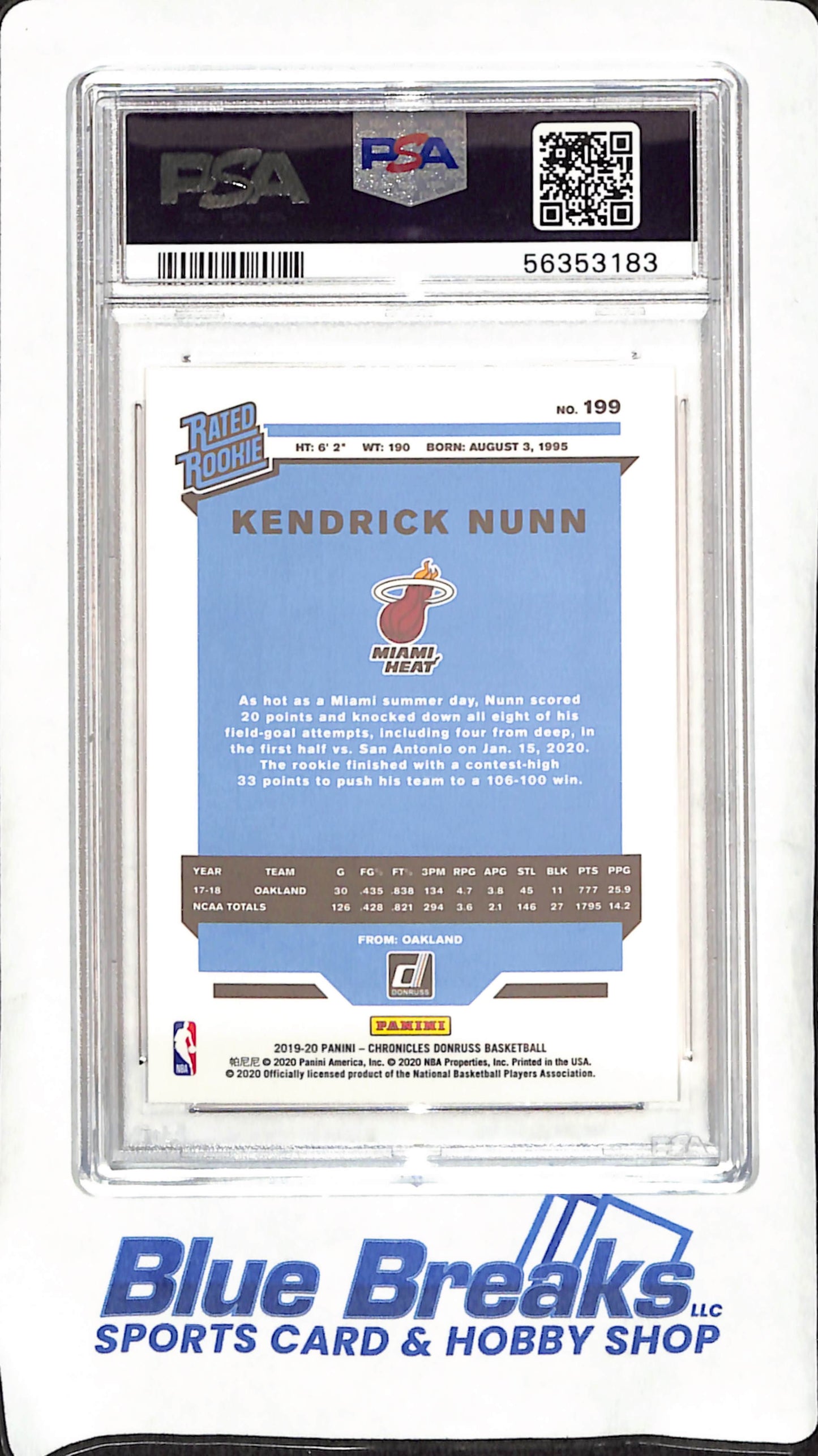 2019/20 Panini Chronicles - Kendrick Nunn - Rated Rookie - PSA Mint 9 - Miami Heat - Basketball - #199