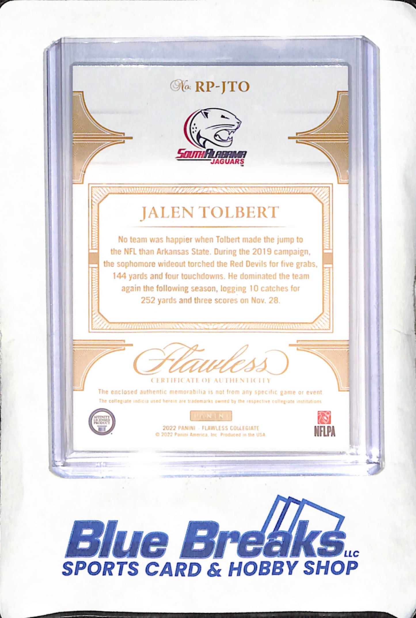 2022 Panini Flawless Collegiate - Jalen Tolbert - Relic - 19/20 - South Alabama - Football - #RP-JTO