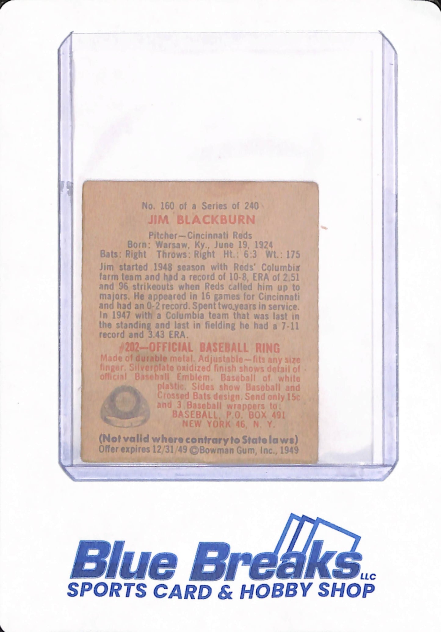 1949 Bowman - Jim Blackburn - #160 - Baseball - Cincinnati Reds