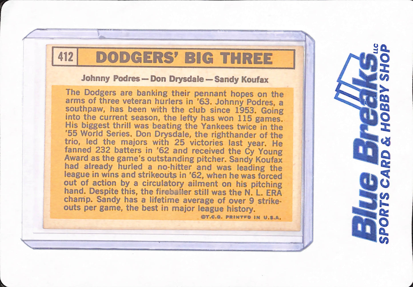 1957 Topps - Brooklyn Dodger's Big Three - Johnny Padres - Don Drysdale - Sandy Koufax - Baseball - # 412