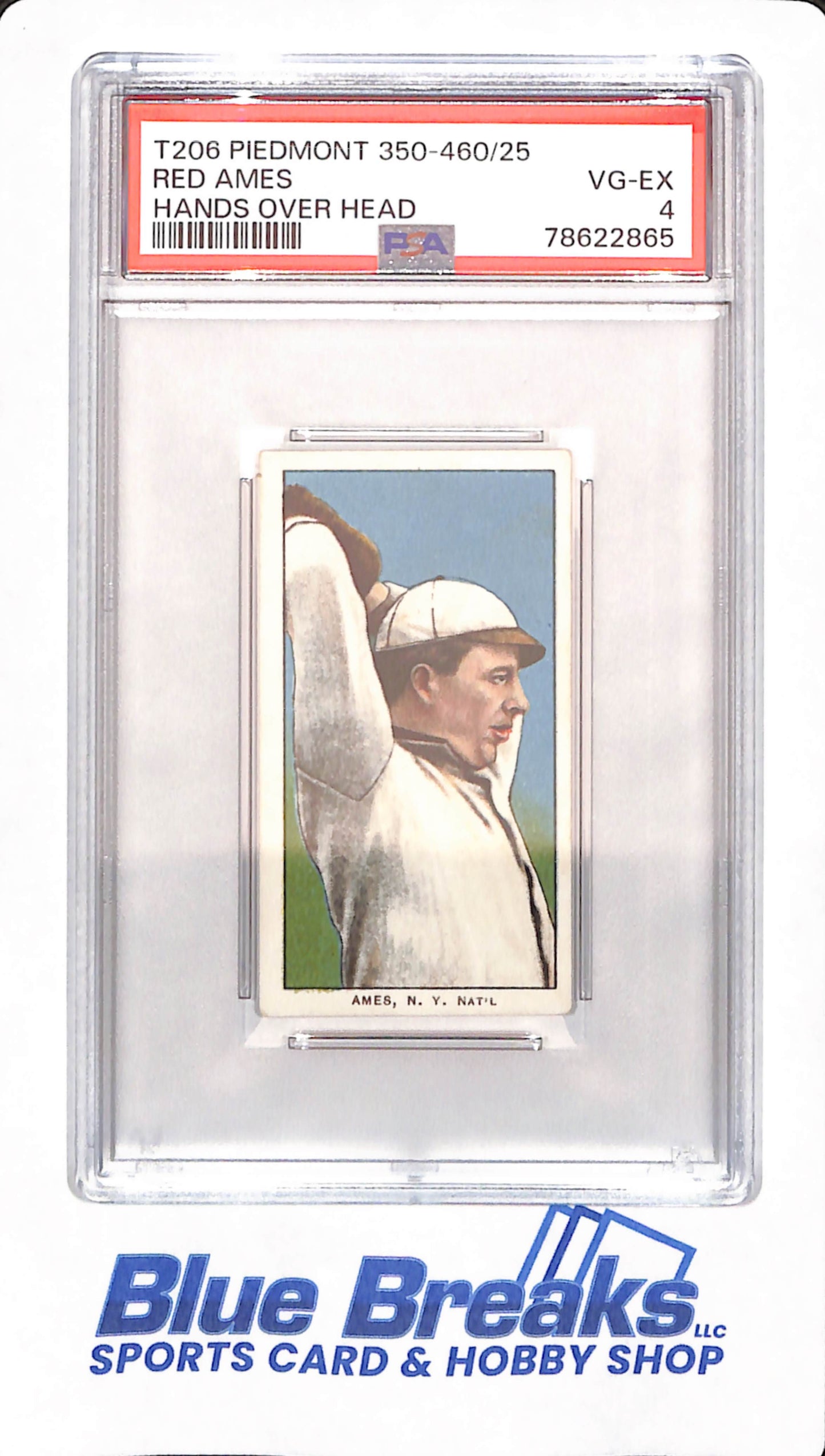 T206 Piedmont 350-460/25 - Red Ames - Baseball - New York Yankees - Hands Over Head - PSA 4