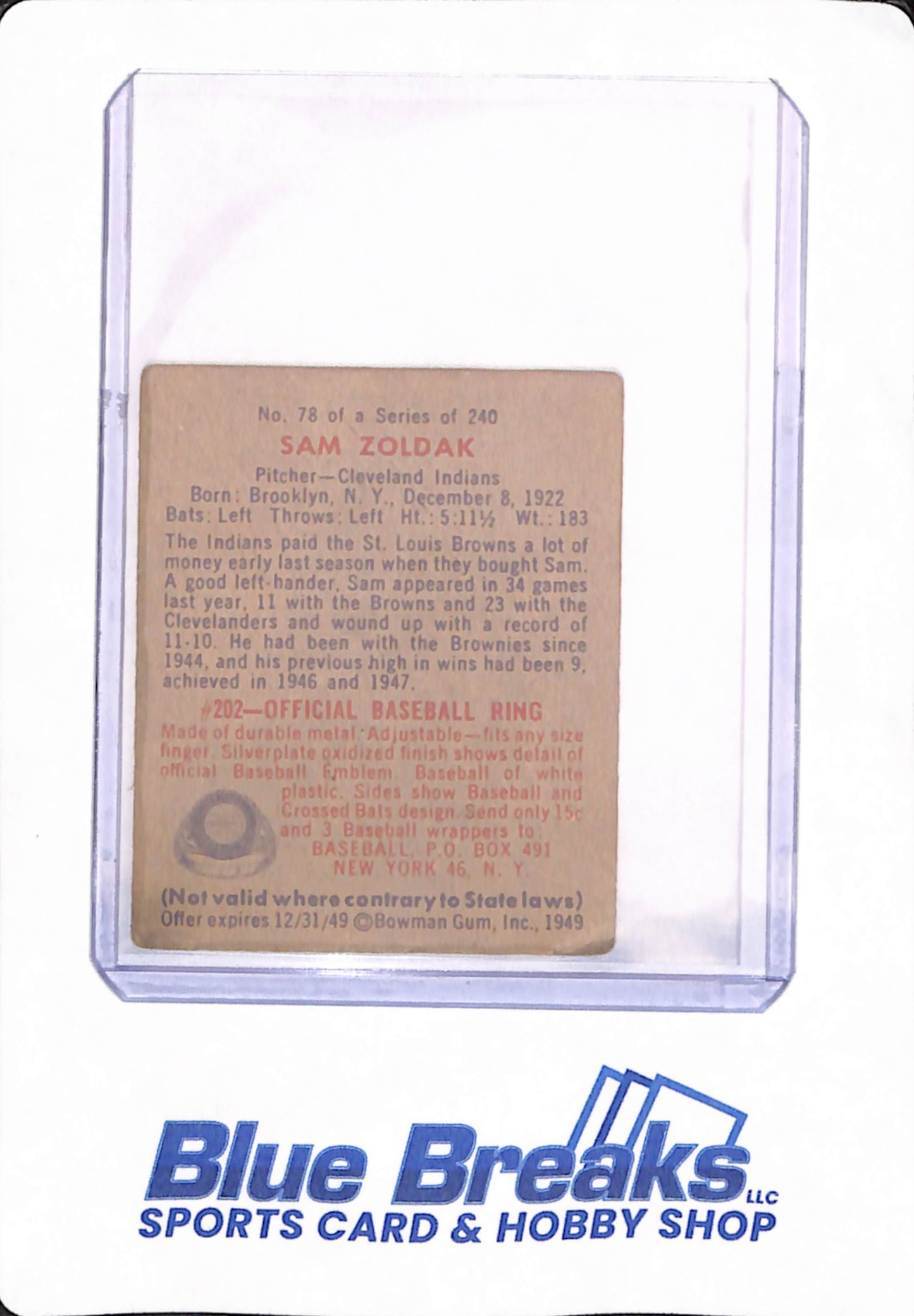 1949 Bowman - Sam Zoldak - # 78 - Baseball - Cleveland Indians / Guardians