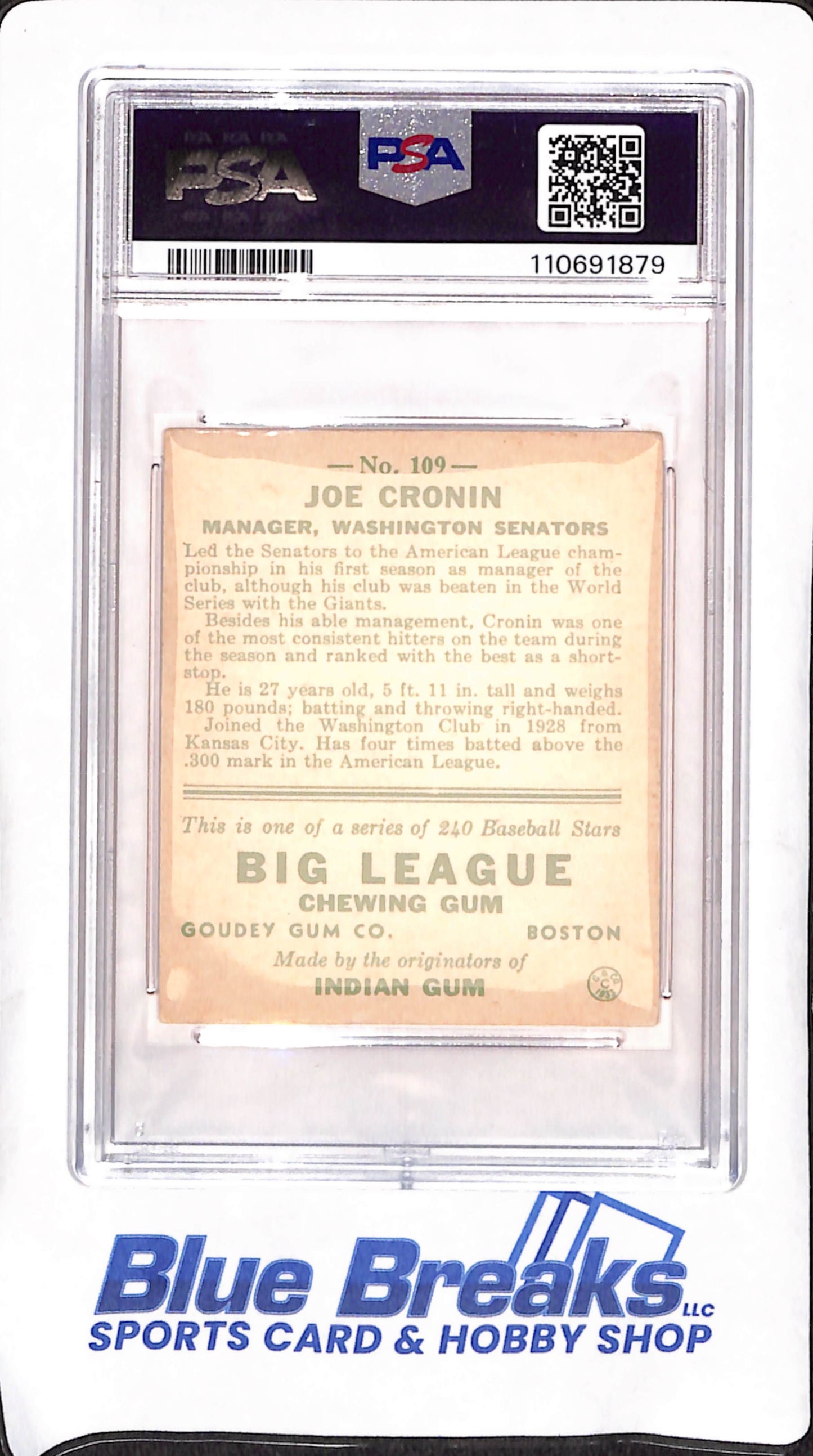 1933 Goudey - Joe Cronin - Manager - Washington Senators - PSA 3 - Baseball - #109