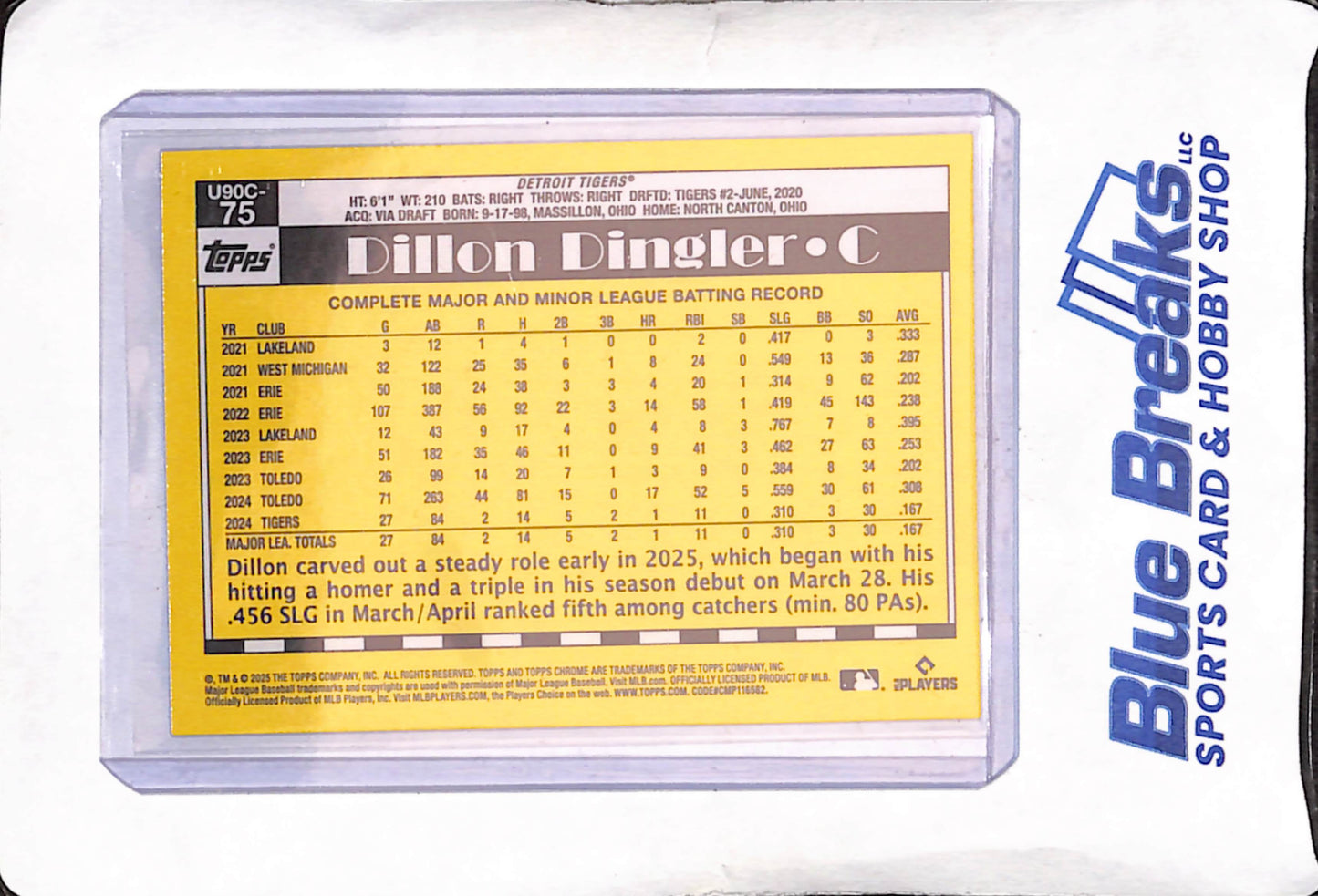 2025 Topps Update - Dillon Dingler - Blue Mojo 35th Anniversary - 107/150 - Detroit Tigers - Baseball - #U90C-75