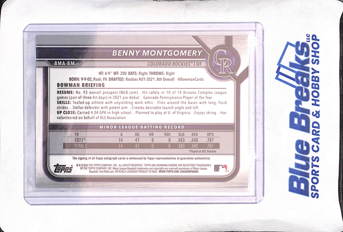 2022 Bowman Chrome - Benny Montgomery - Autograph - Mojo - Colorado Rockies - Baseball - #BMA-BM
