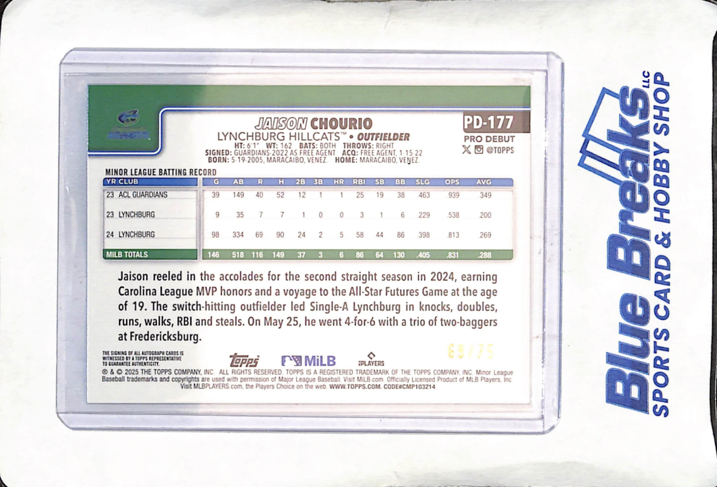 2025 Topps Pro Debut - Jaison Chourio - Green Foil Autograph - 69/75 - Lynchburg Hillcats - Baseball - #PD-177