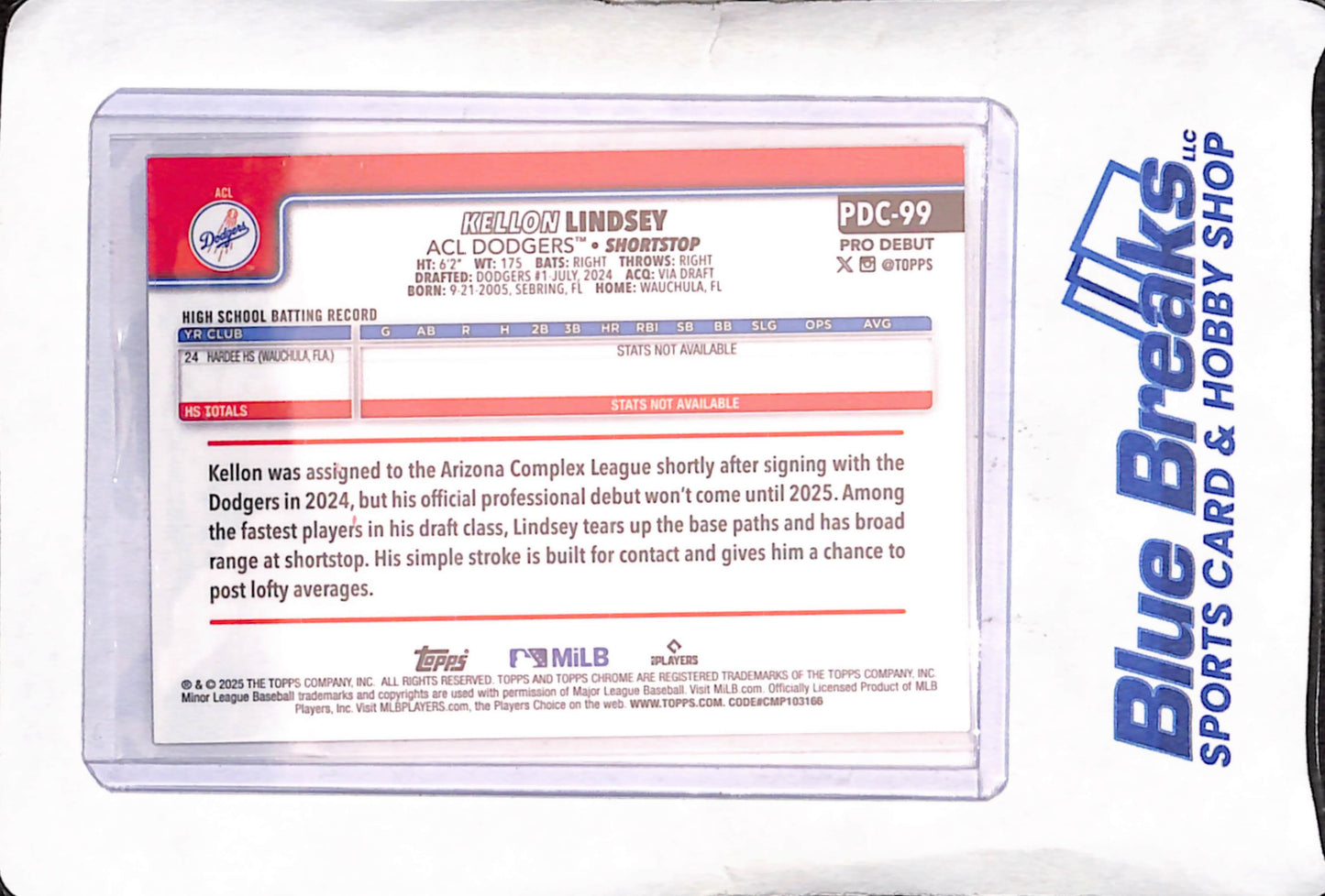 2025 Topps Pro Debut - Kellon Lindsey - Gold Chrome - 15/50 - Los Angeles Dodgers - Baseball - #PDC-99