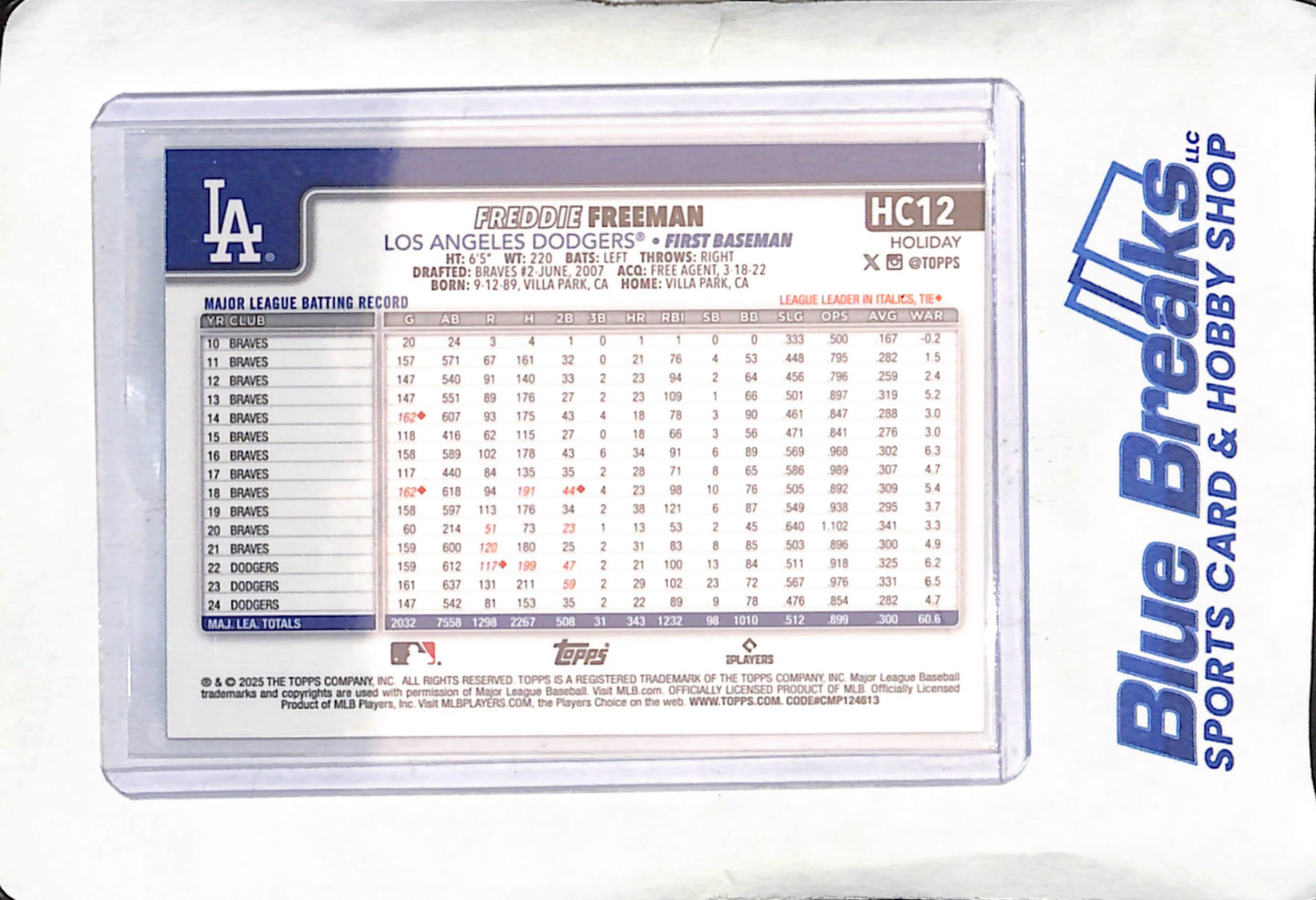 2025 Topps Holiday - Freddie Freeman - Green Chrome - 28/99 - Los Angeles Dodgers - Baseball - #HC12
