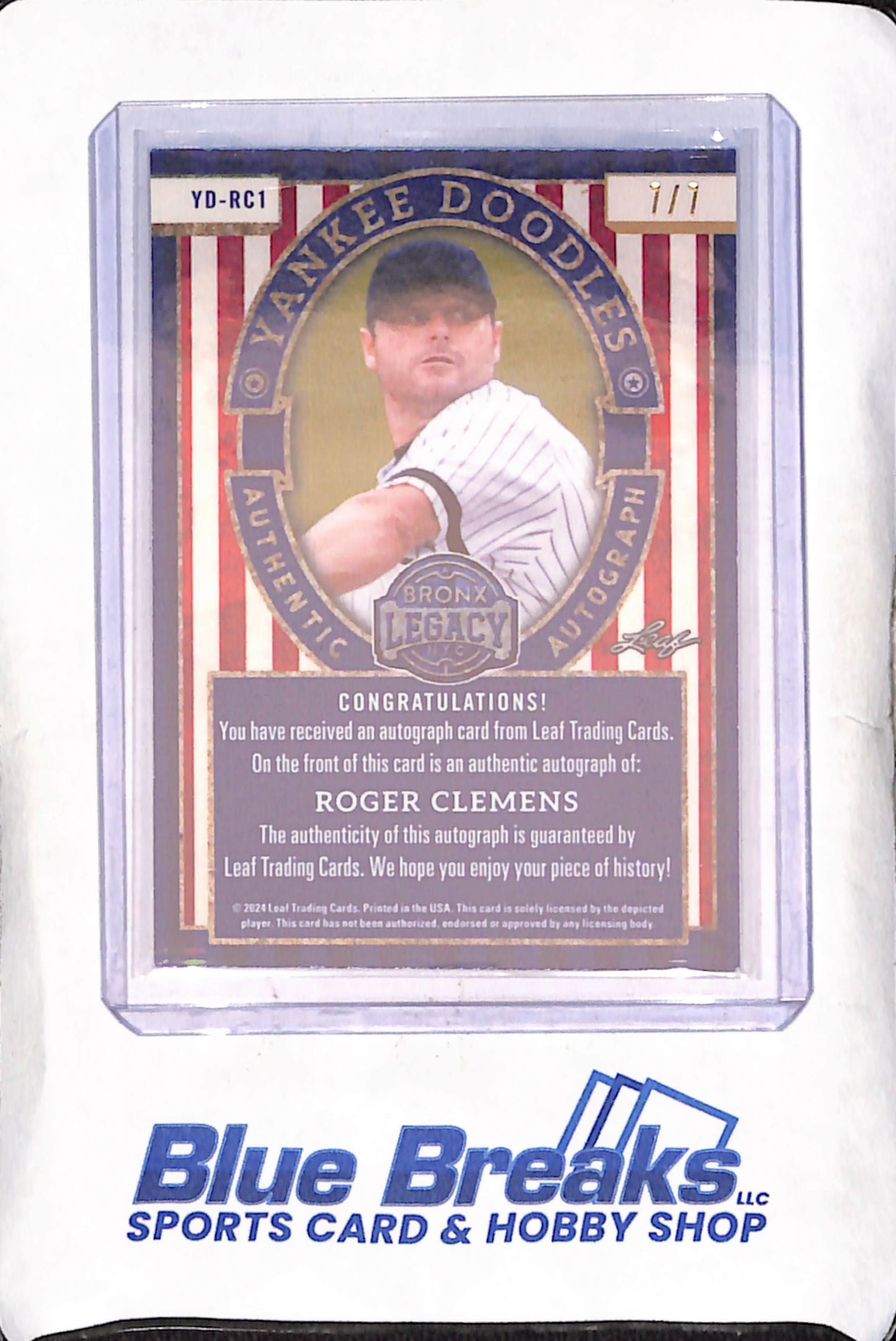 2024 Leaf Bronx Legacy - Roger Clemens - Yankee Doodles - Blue Autograph - 7/7 - New York Yankees - Baseball - #YD-RC1