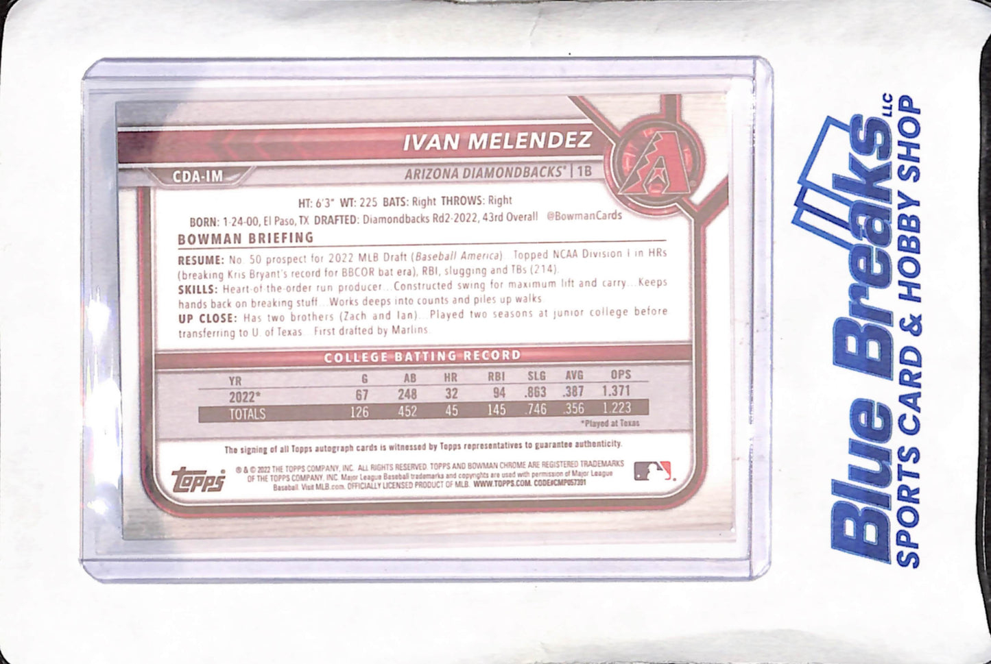 2022 Bowman Chrome - Ivan Melendez - 1st Bowman - Autograph - Arizona Diamondback - Baseball - #CDA-IM