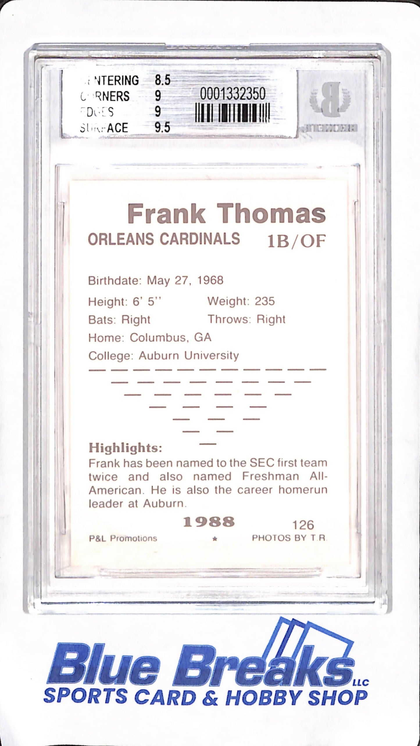 1988 P & L Promotions Cape Cod Prospects - Frank Thomas - NCAA Summer Baseball - BGS 9 - Orleans Cardinals - Baseball - #126