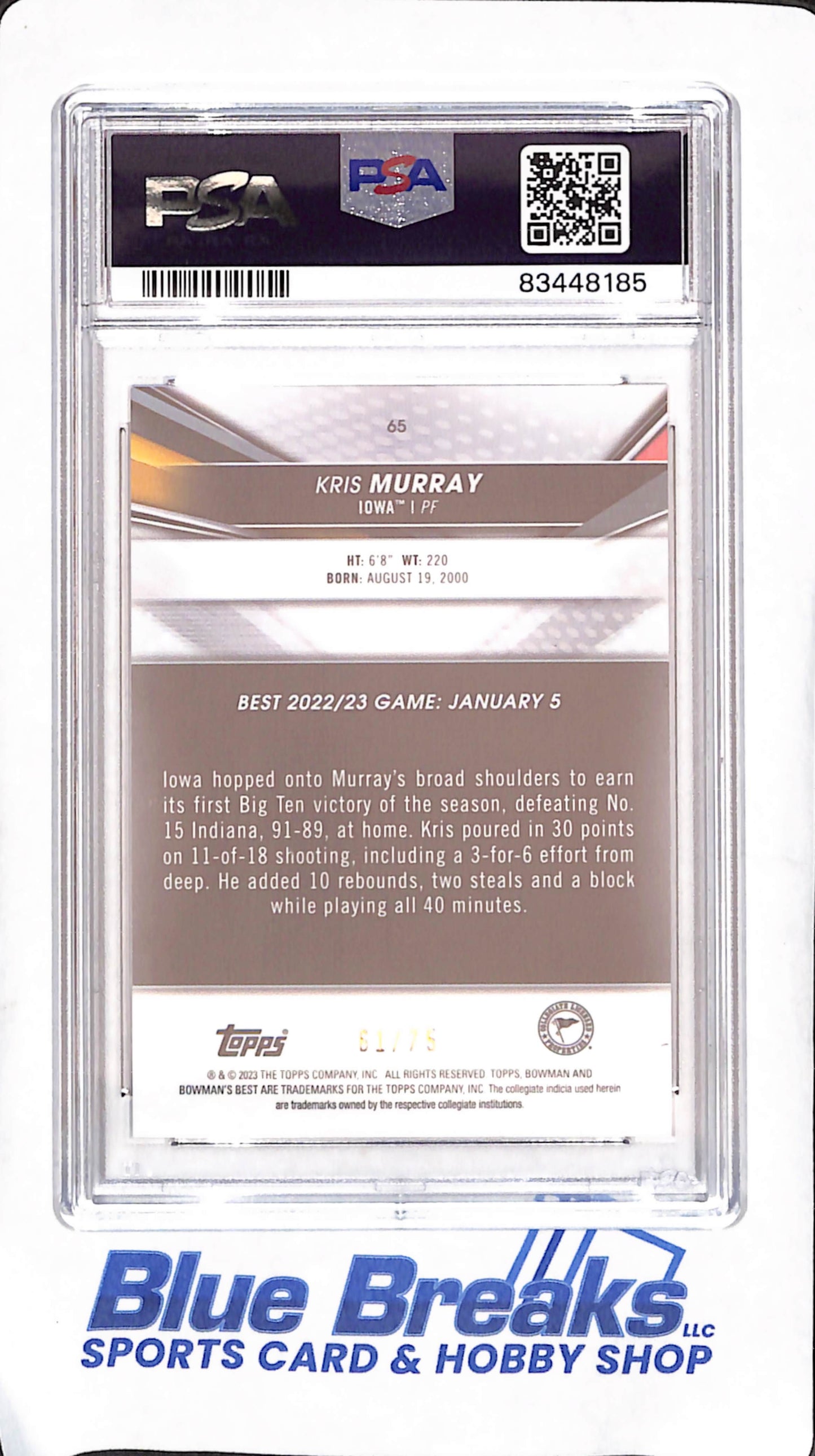 2022 Bowman University Best - Kris Murray - Gold Lava Refractor - 61/75 - PSA 10 - Iowa Hawkeyes - Basketball - #65